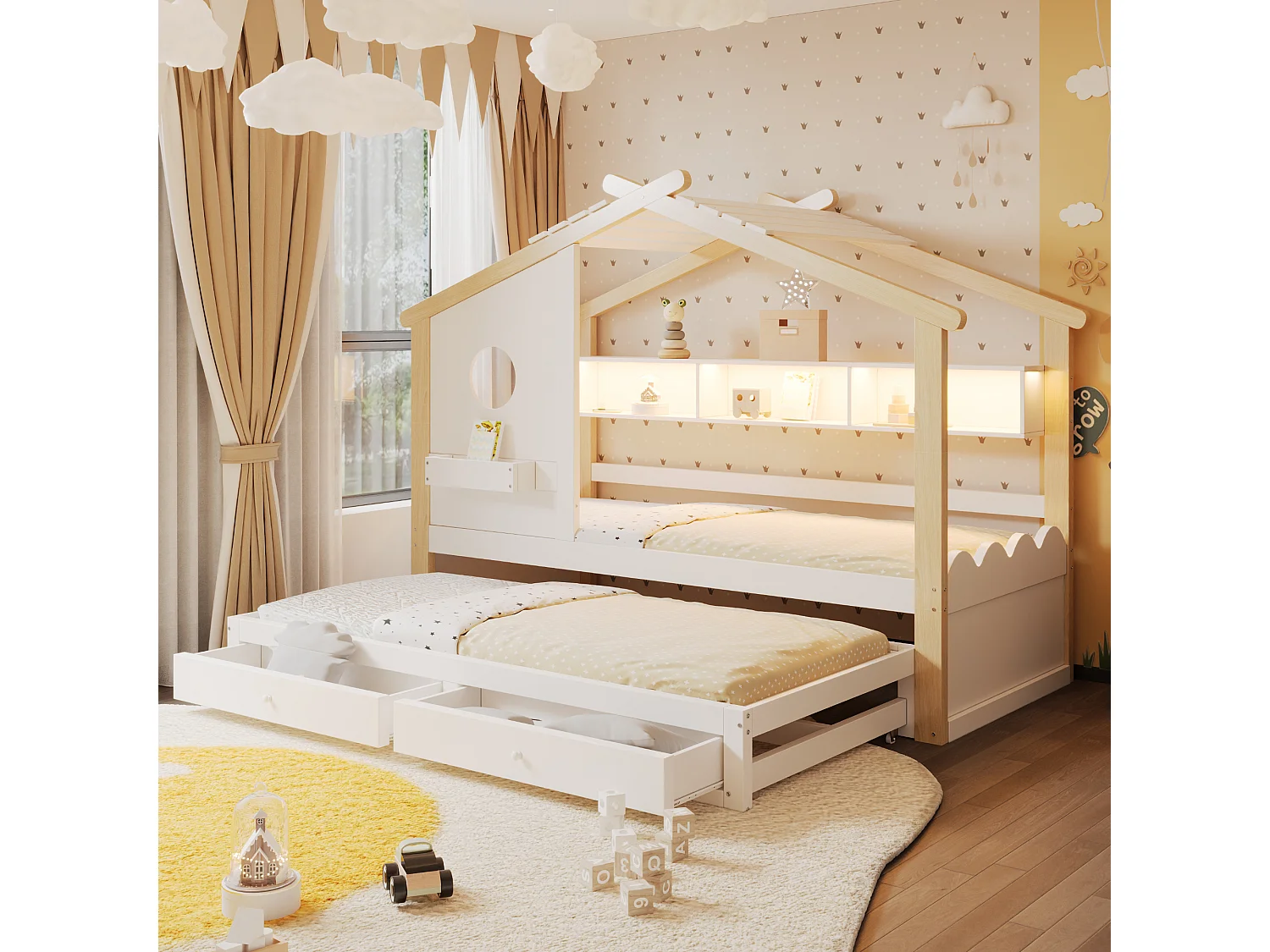 Lit cabane enfant 90x200 avec lit gigogne 90x190 - 2 tiroirs, étagères, LED, USB et USB-C - blanc et bois naturel