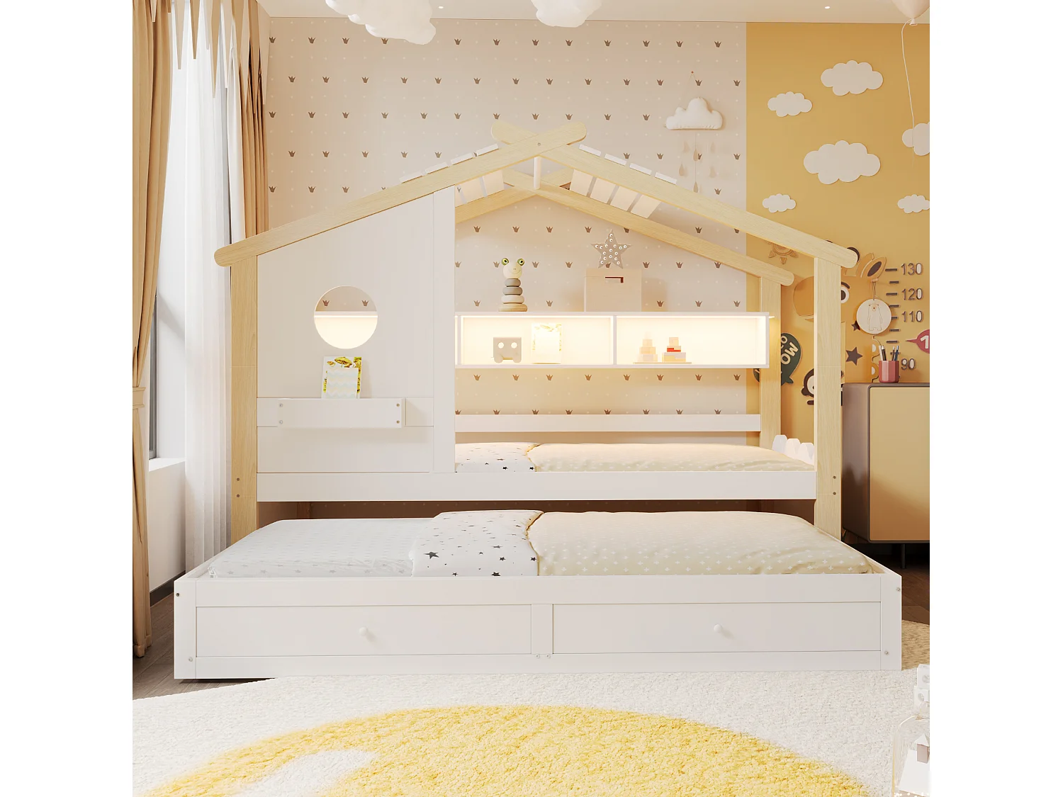 Lit cabane enfant 90x200 avec lit gigogne 90x190 - 2 tiroirs, étagères, LED, USB et USB-C - blanc et bois naturel