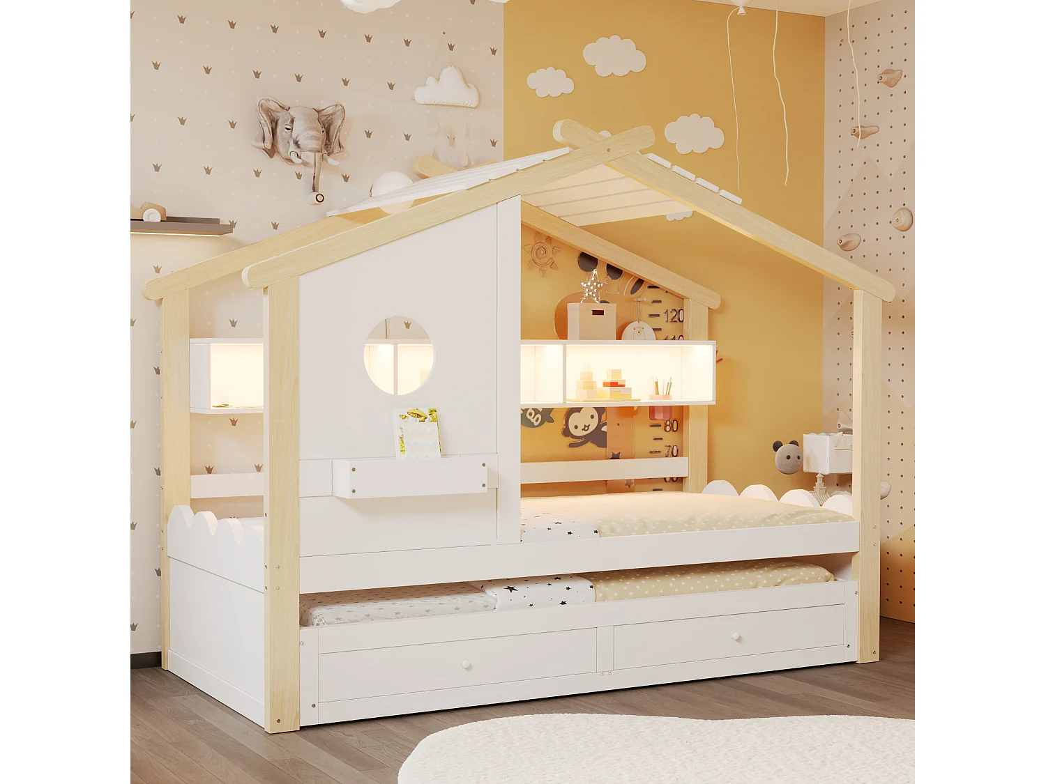 Lit cabane enfant 90x200 avec lit gigogne 90x190 - 2 tiroirs, étagères, LED, USB et USB-C - blanc et bois naturel