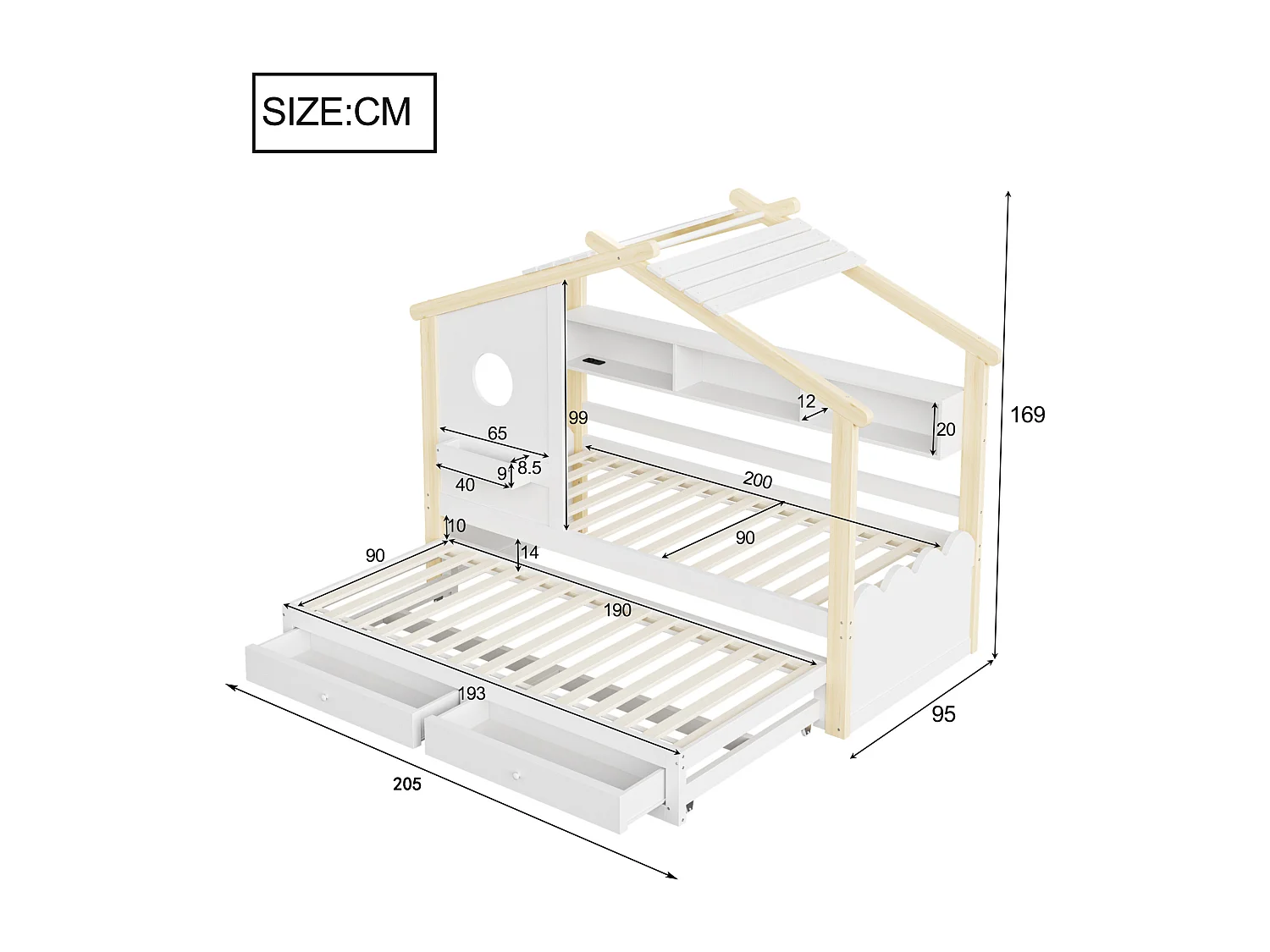 Lit cabane enfant 90x200 avec lit gigogne 90x190 - 2 tiroirs, étagères, LED, USB et USB-C - blanc et bois naturel