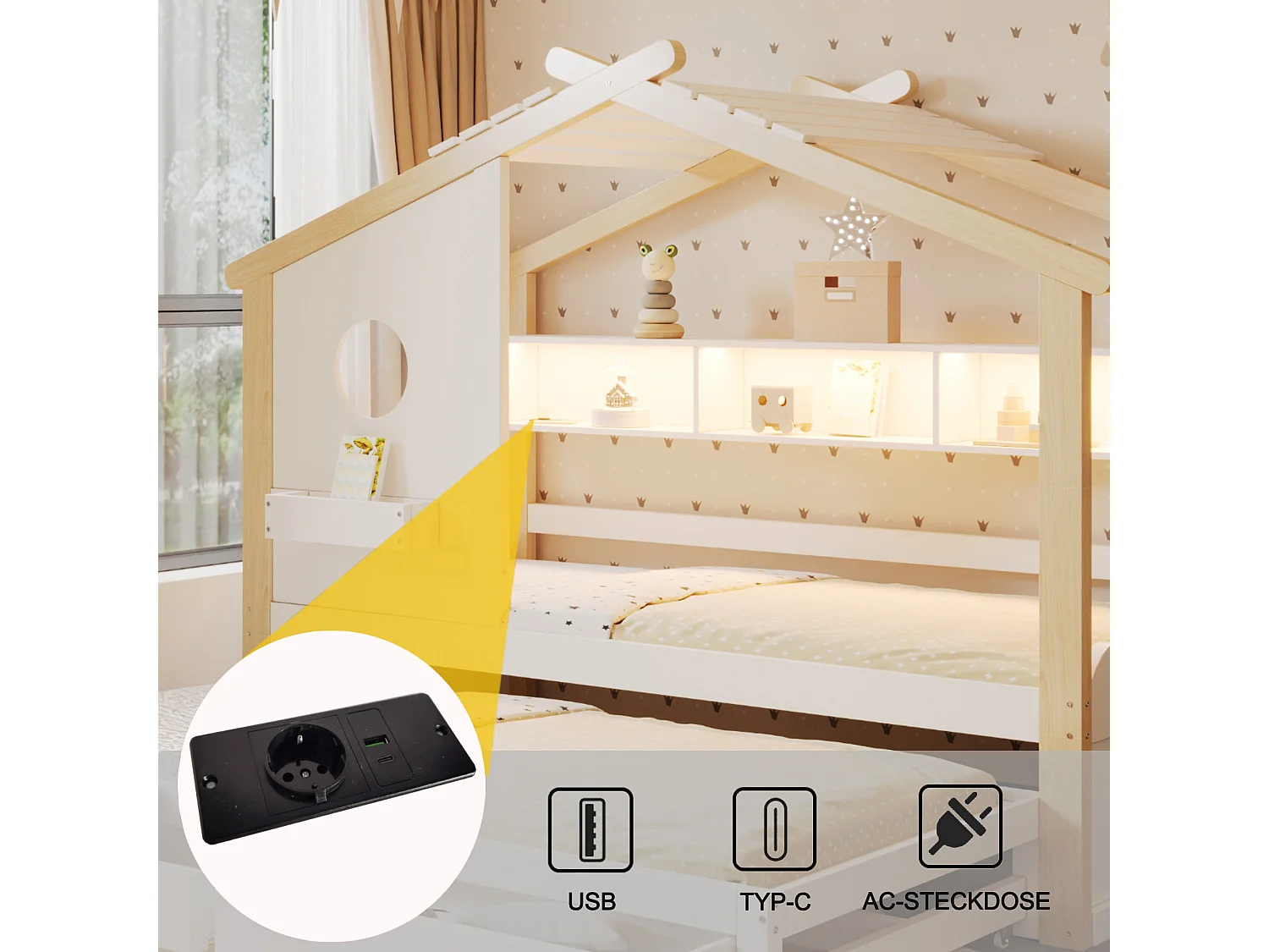 Lit cabane enfant 90x200 avec lit gigogne 90x190 - 2 tiroirs, étagères, LED, USB et USB-C - blanc et bois naturel
