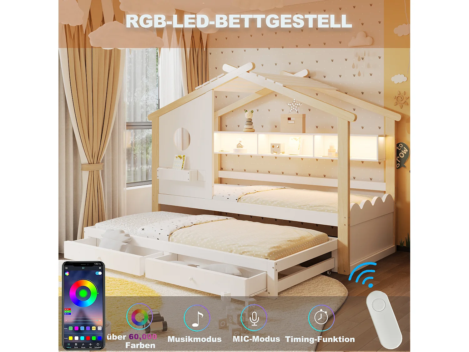 Lit cabane enfant 90x200 avec lit gigogne 90x190 - 2 tiroirs, étagères, LED, USB et USB-C - blanc et bois naturel