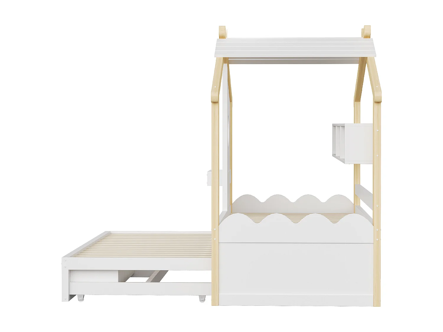 Lit cabane enfant 90x200 avec lit gigogne 90x190 - 2 tiroirs, étagères, LED, USB et USB-C - blanc et bois naturel