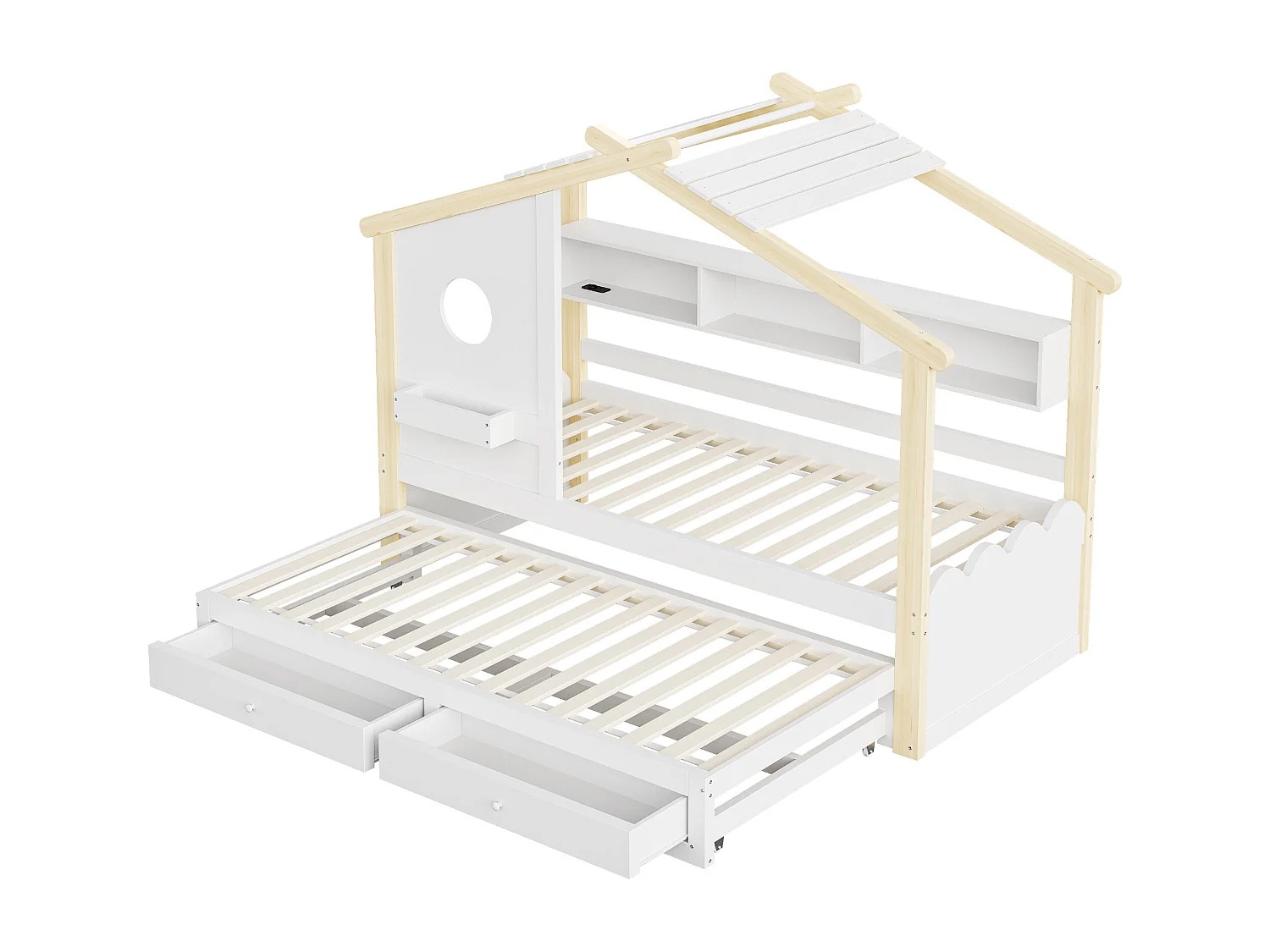 Lit cabane enfant 90x200 avec lit gigogne 90x190 - 2 tiroirs, étagères, LED, USB et USB-C - blanc et bois naturel