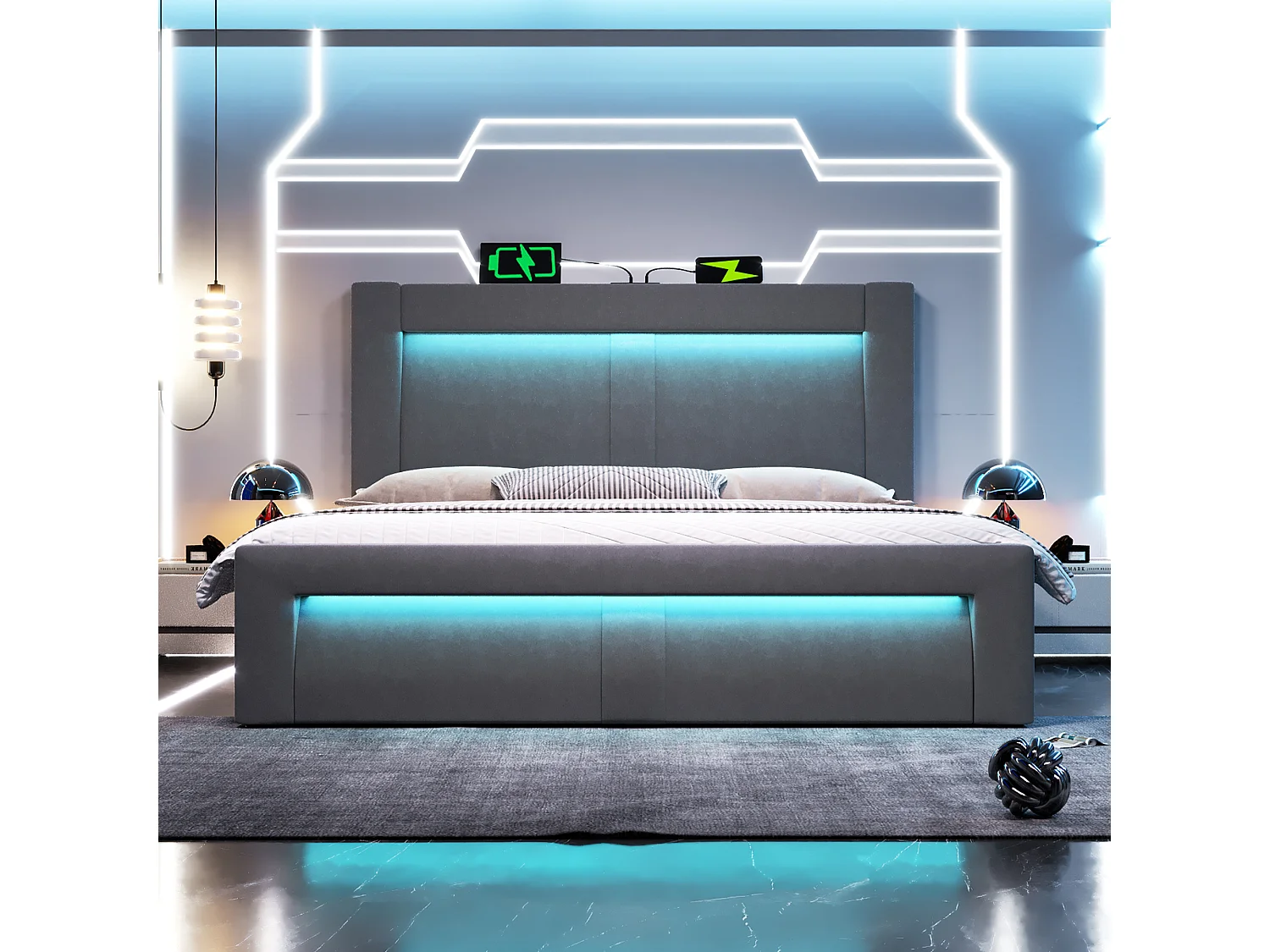 Lit coffre double 160x200 avec LED, USB et USB-C, tête de lit courbée, velours - gris