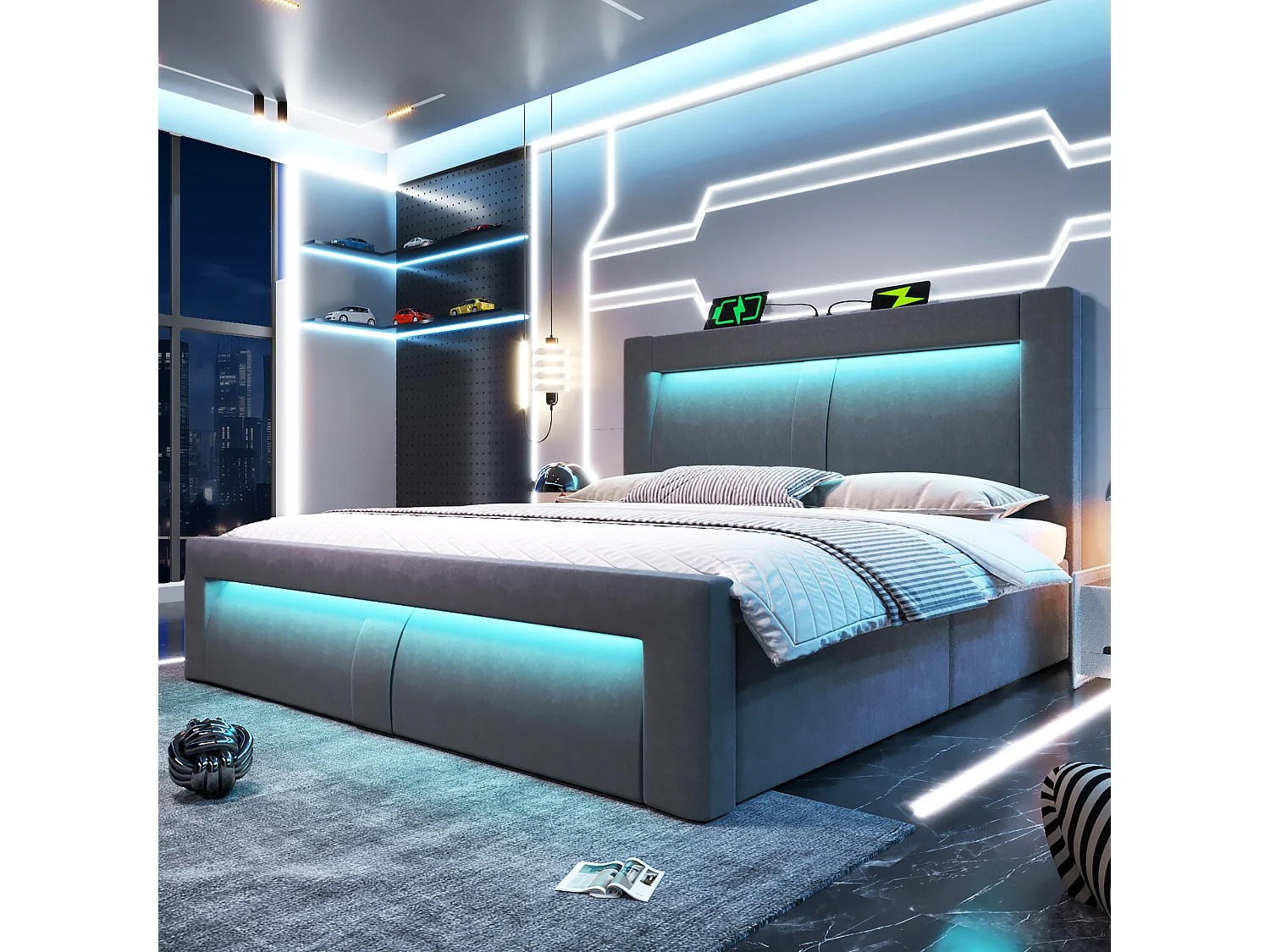 Lit coffre double 160x200 avec LED, USB et USB-C, tête de lit courbée, velours - gris