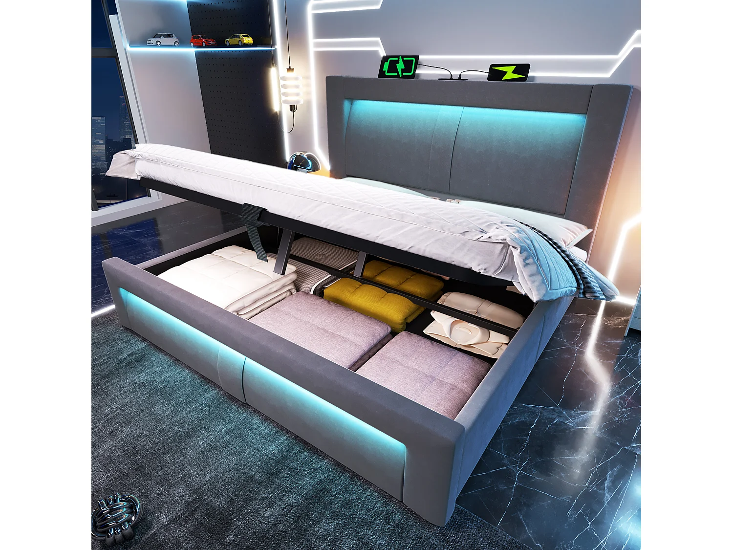Lit coffre double 160x200 avec LED, USB et USB-C, tête de lit courbée, velours - gris