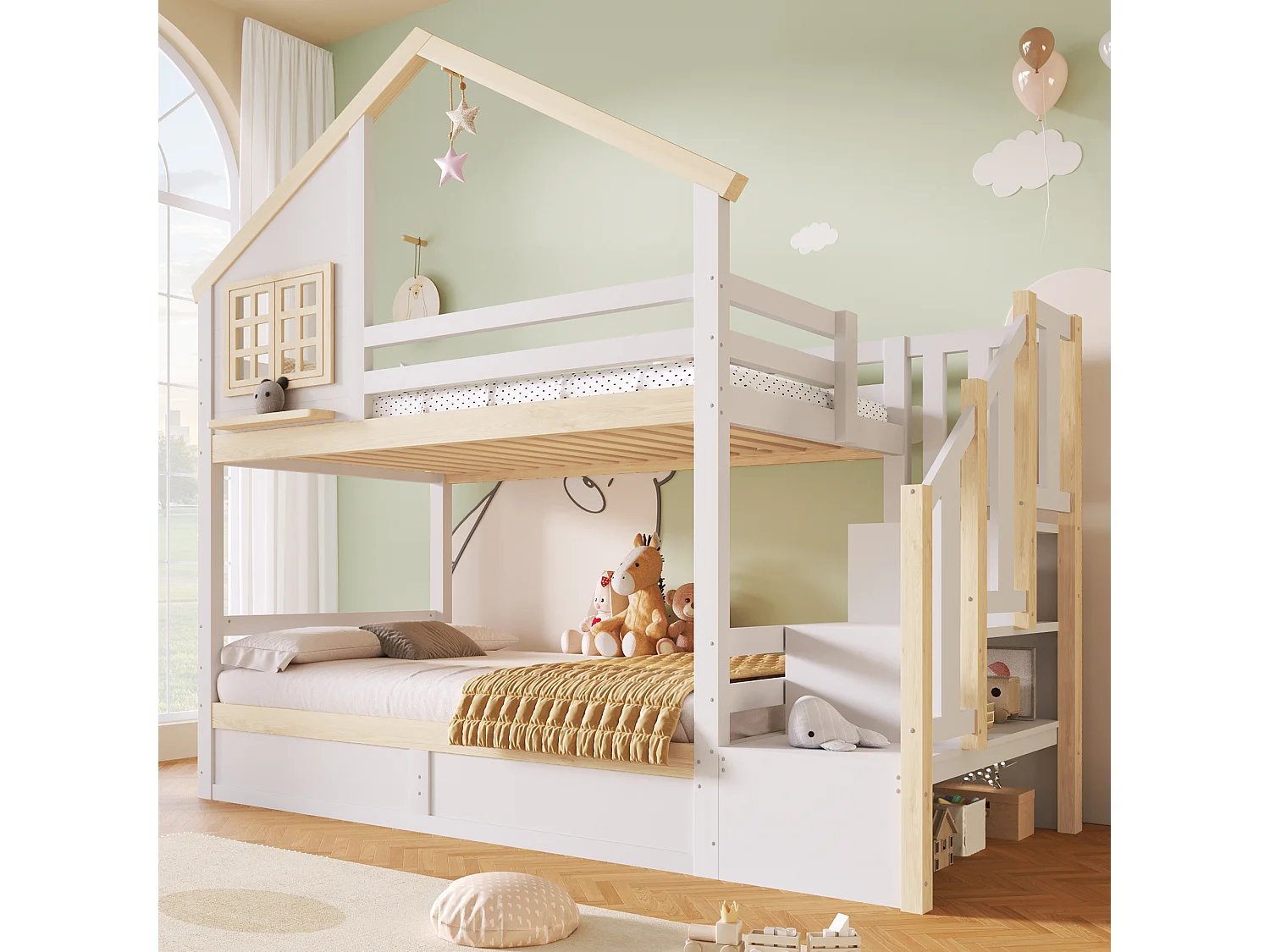 Lit superposé enfant 2x90x200 style cabane avec barrière, rangement sous lit et coffre hydraulique - blanc et bois naturel