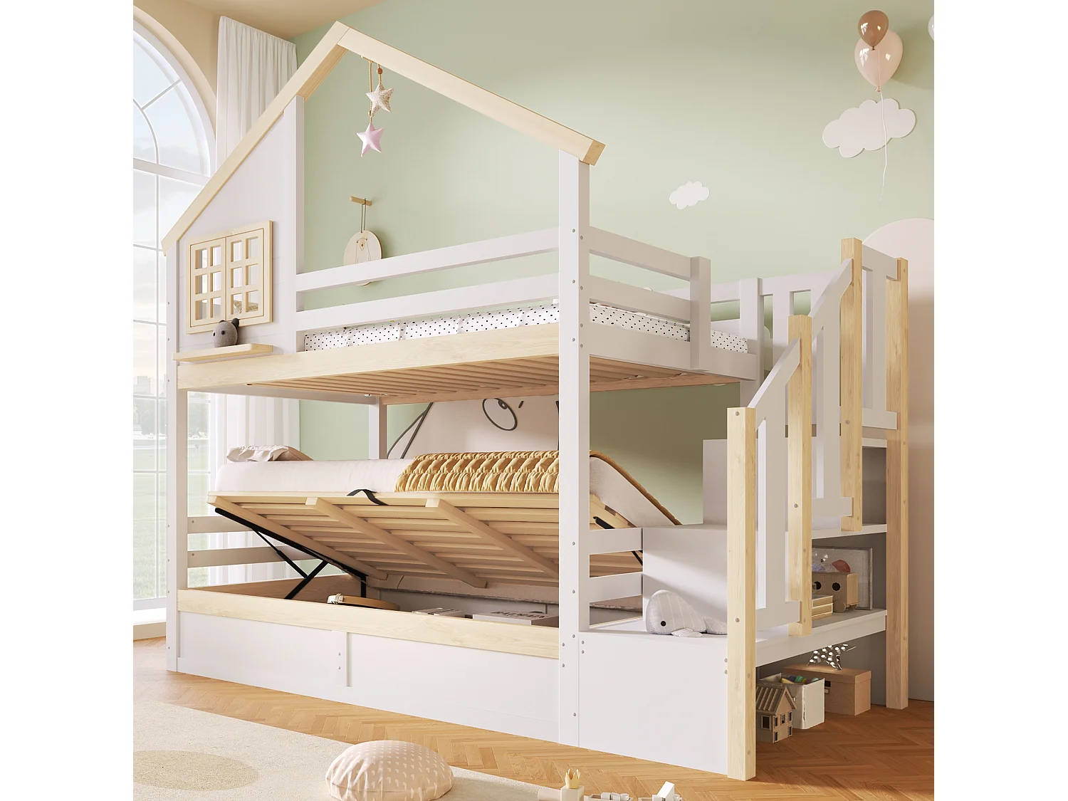 Lit superposé enfant 2x90x200 style cabane avec barrière, rangement sous lit et coffre hydraulique - blanc et bois naturel