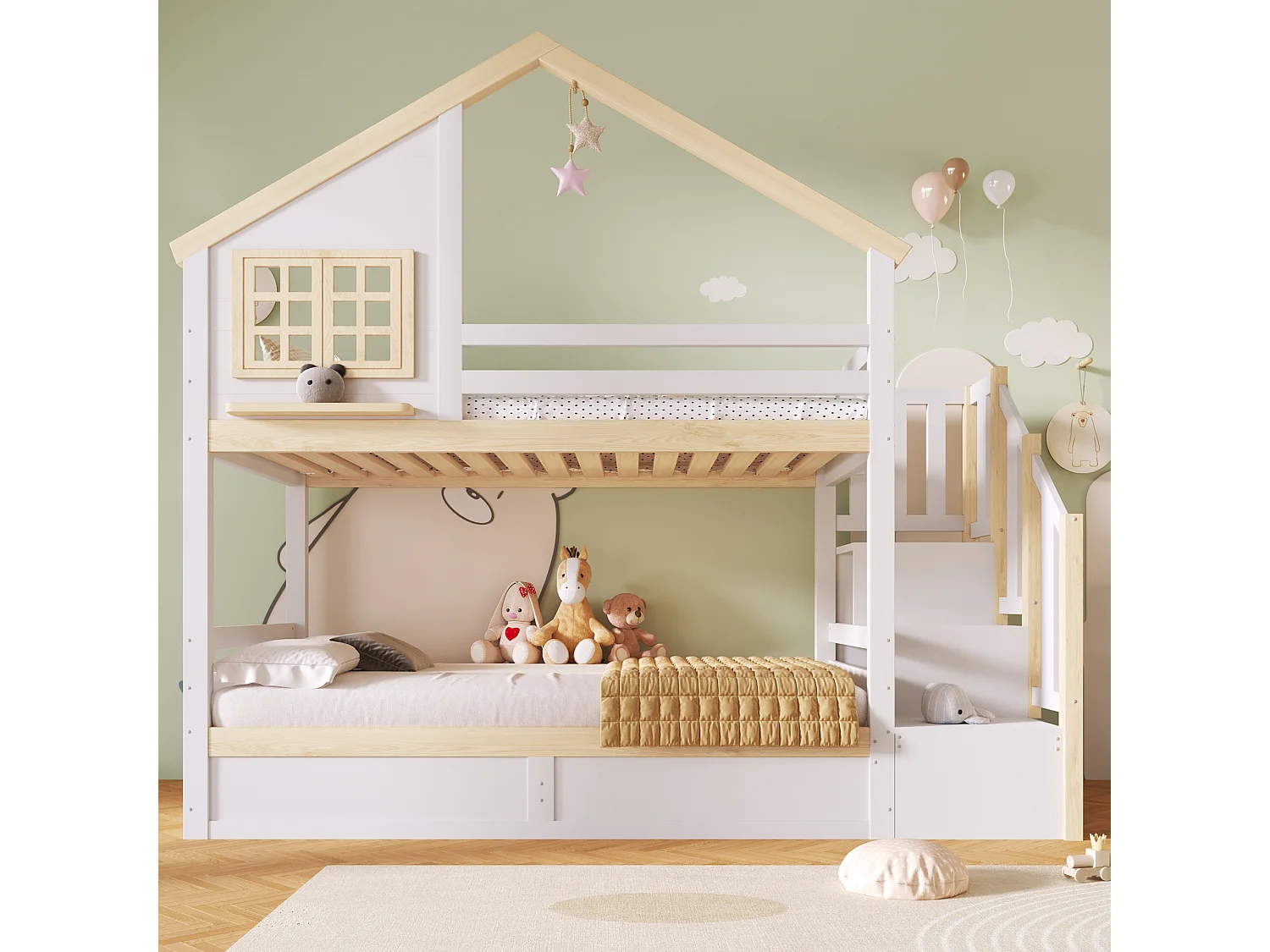 Lit superposé enfant 2x90x200 style cabane avec barrière, rangement sous lit et coffre hydraulique - blanc et bois naturel
