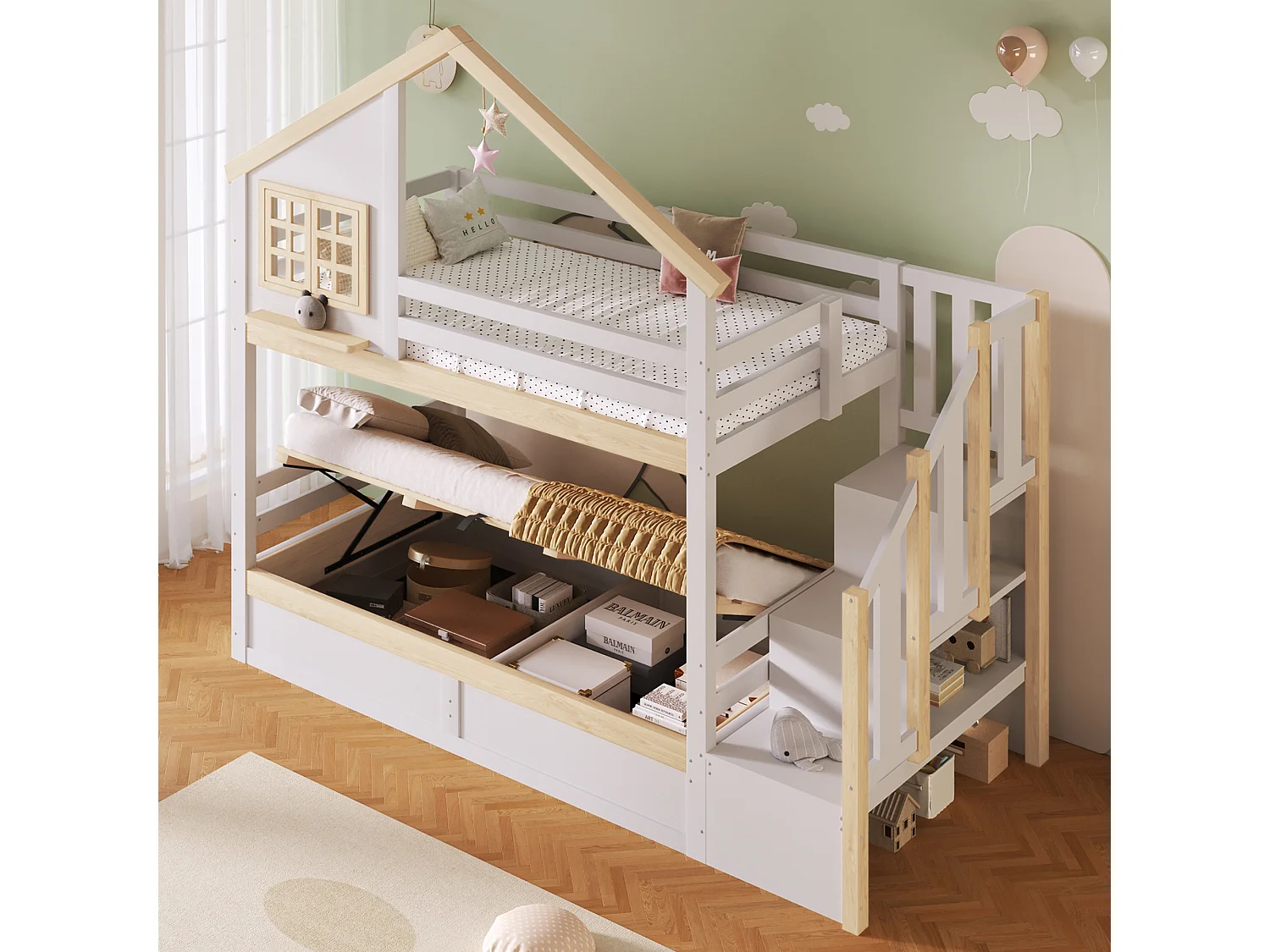 Lit superposé enfant 2x90x200 style cabane avec barrière, rangement sous lit et coffre hydraulique - blanc et bois naturel