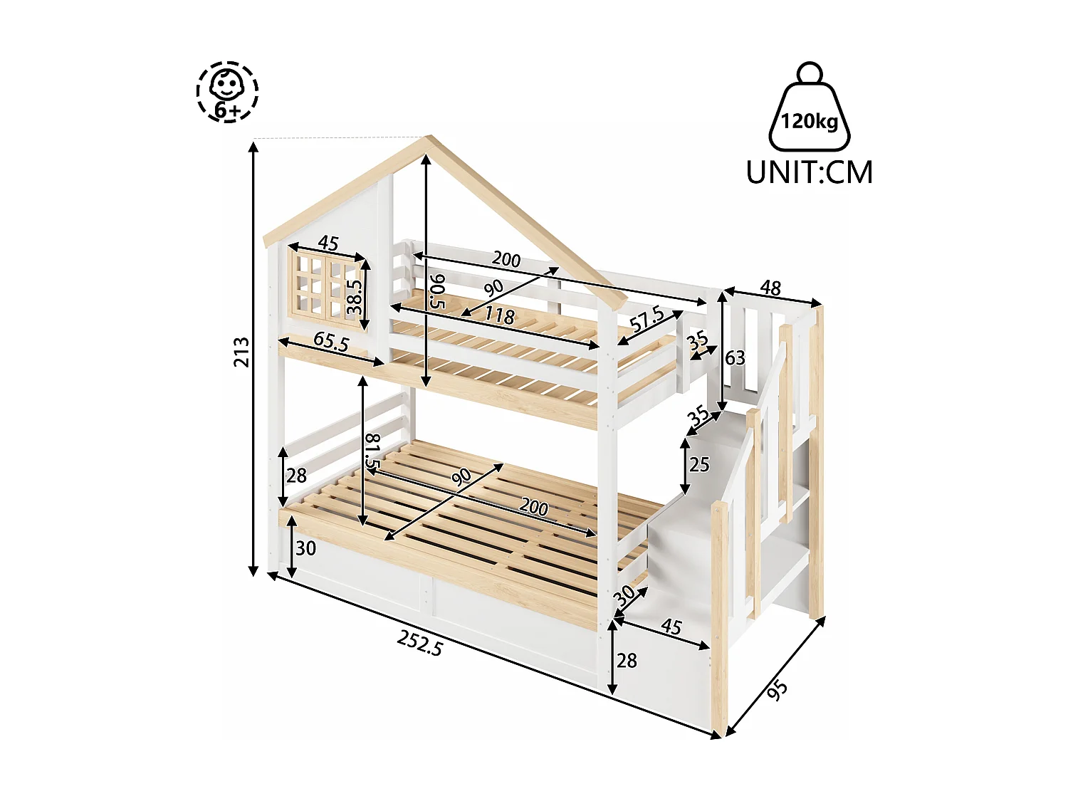 Lit superposé enfant 2x90x200 style cabane avec barrière, rangement sous lit et coffre hydraulique - blanc et bois naturel