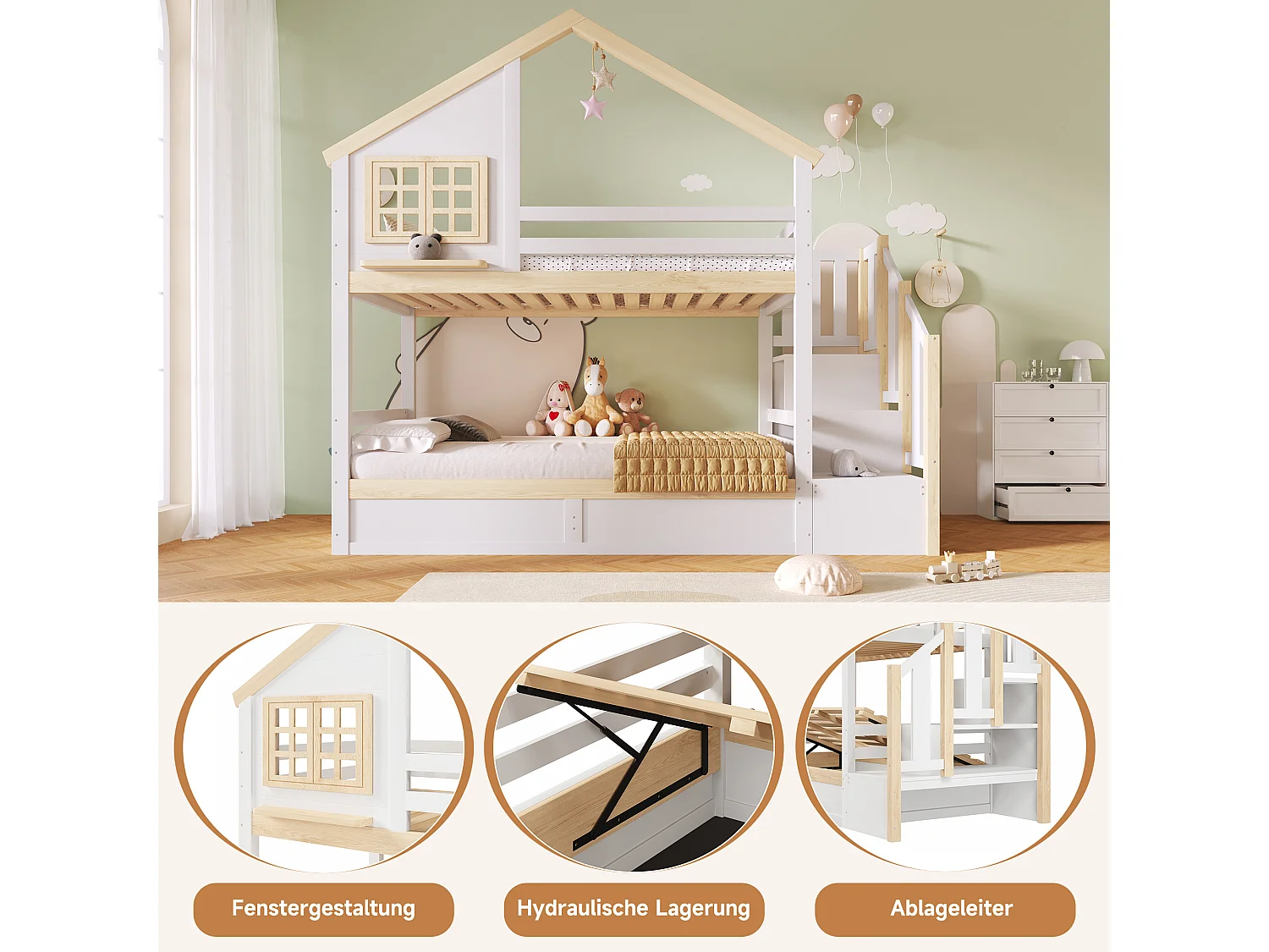 Lit superposé enfant 2x90x200 style cabane avec barrière, rangement sous lit et coffre hydraulique - blanc et bois naturel