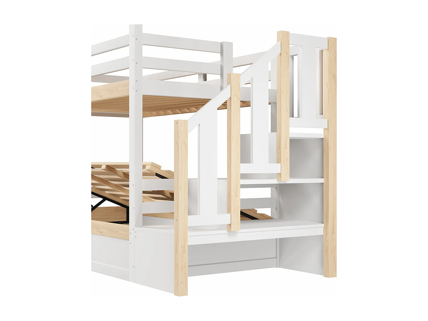 Lit superposé enfant 2x90x200 style cabane avec barrière, rangement sous lit et coffre hydraulique - blanc et bois naturel