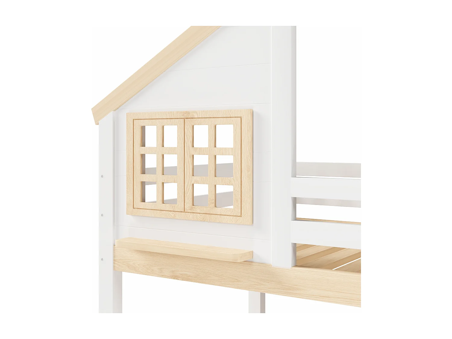 Lit superposé enfant 2x90x200 style cabane avec barrière, rangement sous lit et coffre hydraulique - blanc et bois naturel