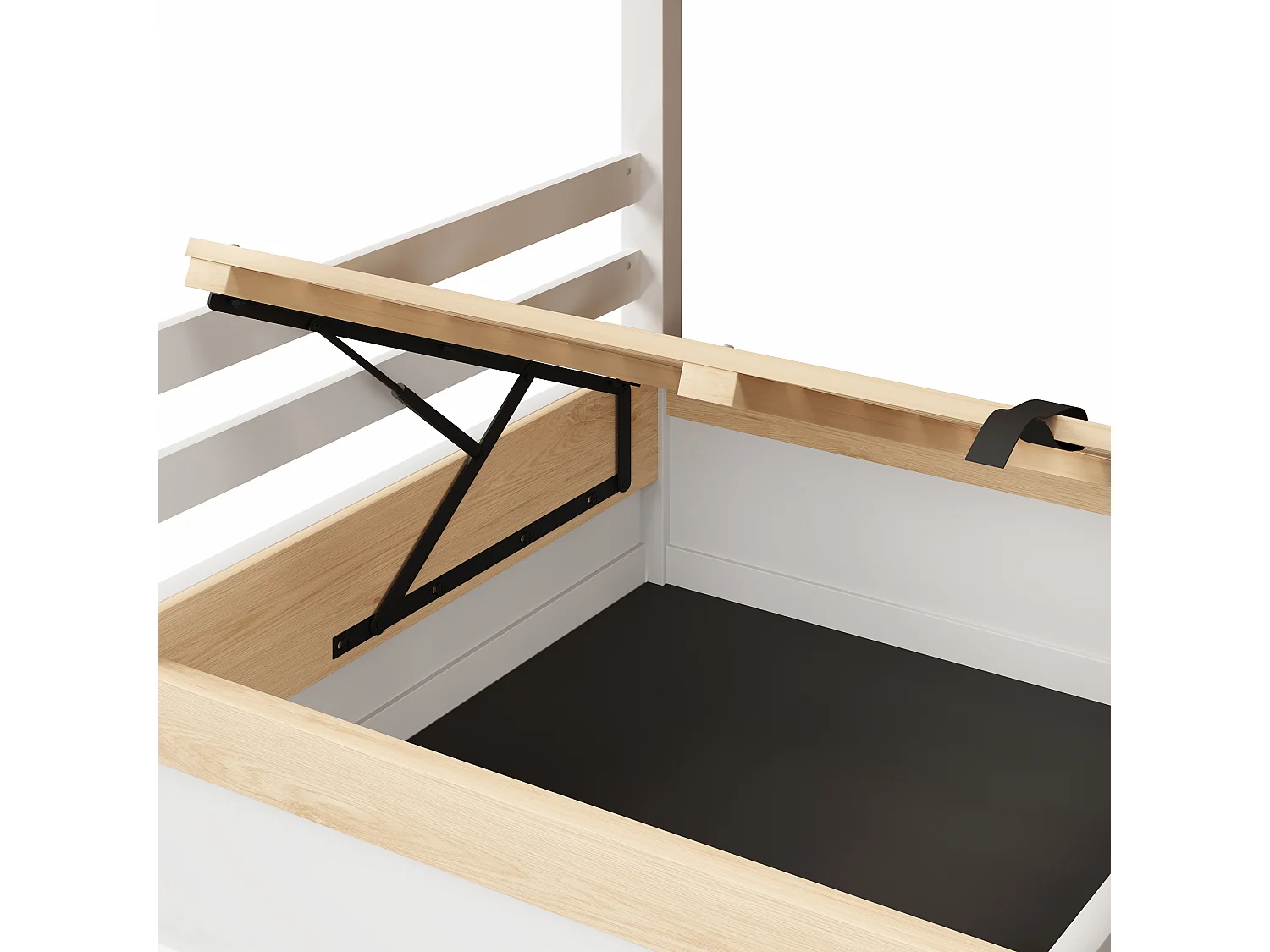 Lit superposé enfant 2x90x200 style cabane avec barrière, rangement sous lit et coffre hydraulique - blanc et bois naturel