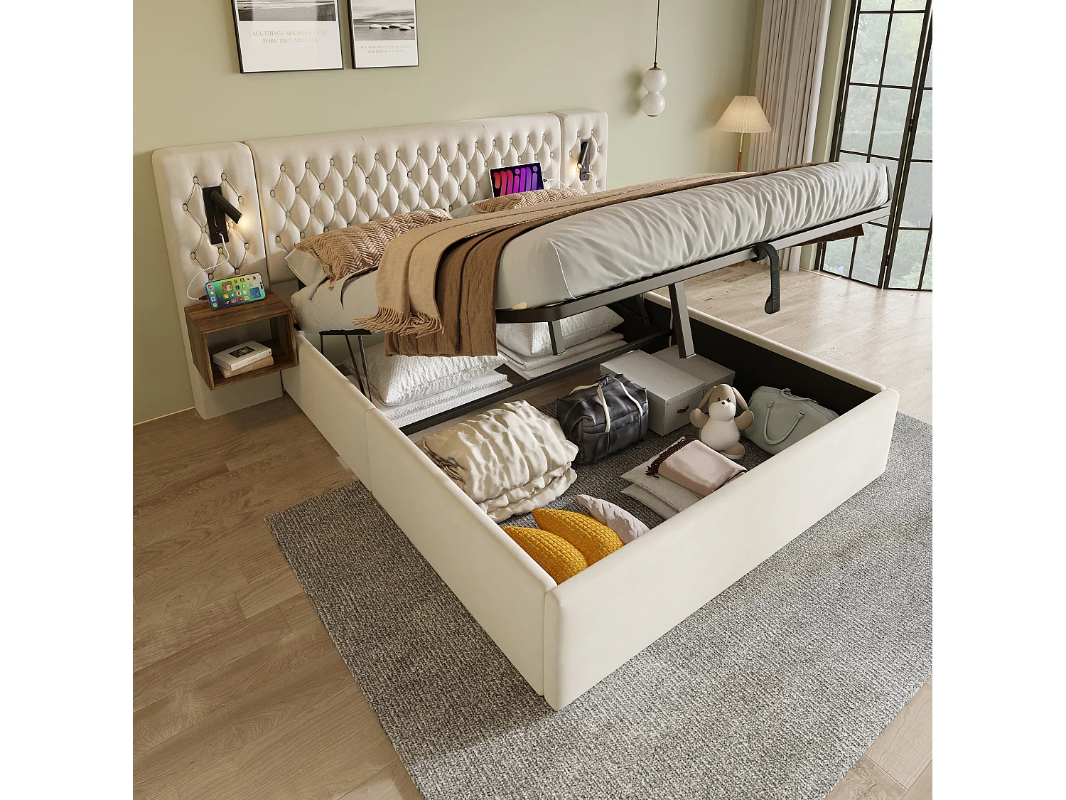 Lit coffre adulte 180x200 cm en velours beige capitonné avec chevets effet bois, lampes et USB-C