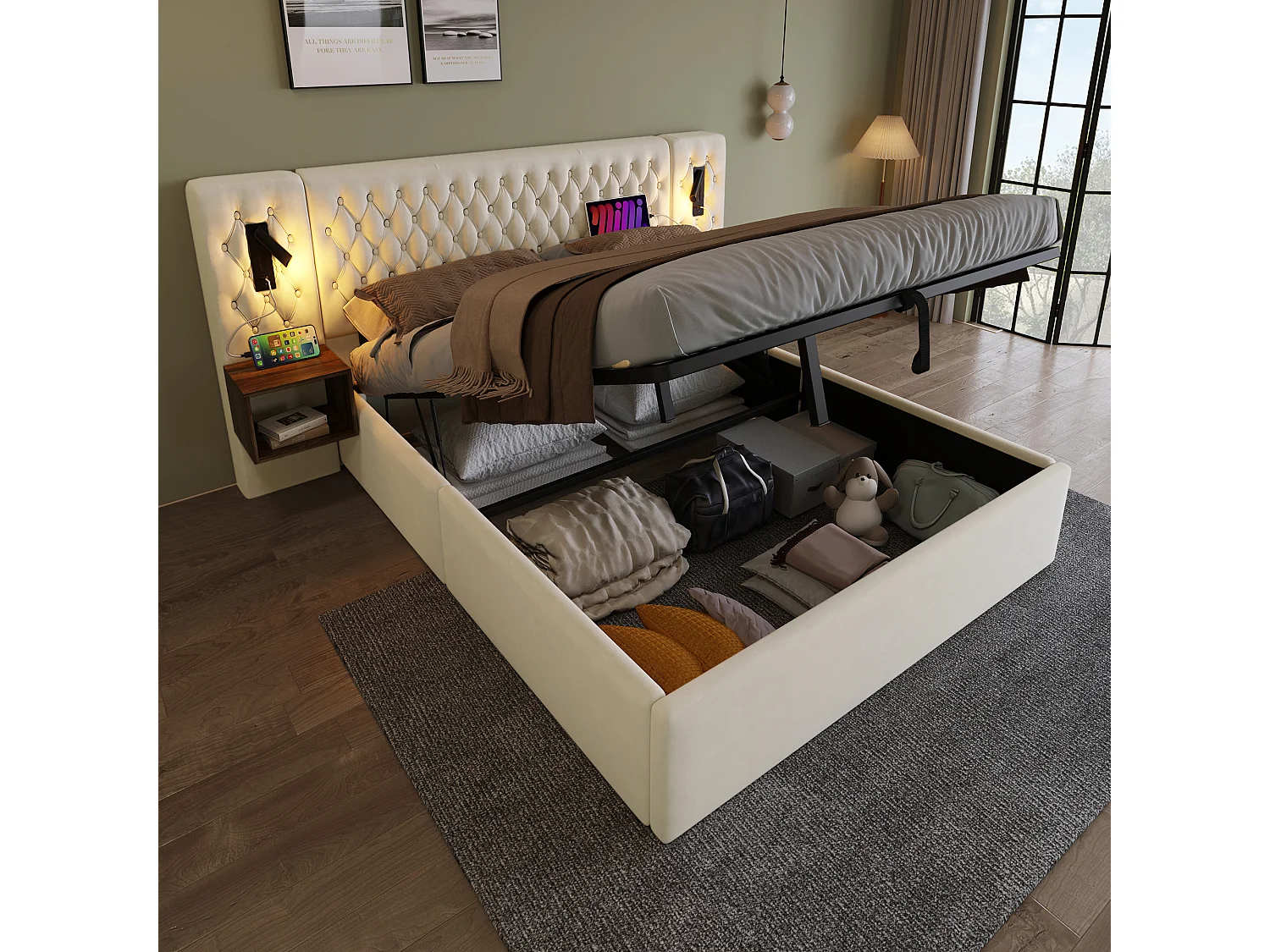 Lit coffre adulte 180x200 cm en velours beige capitonné avec chevets effet bois, lampes et USB-C