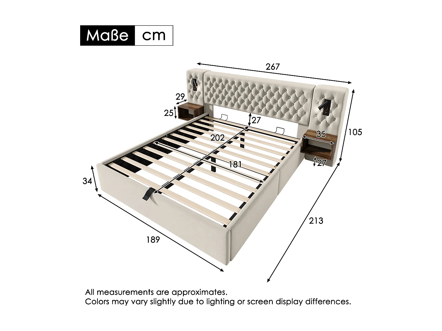 Lit coffre adulte 180x200 cm en velours beige capitonné avec chevets effet bois, lampes et USB-C