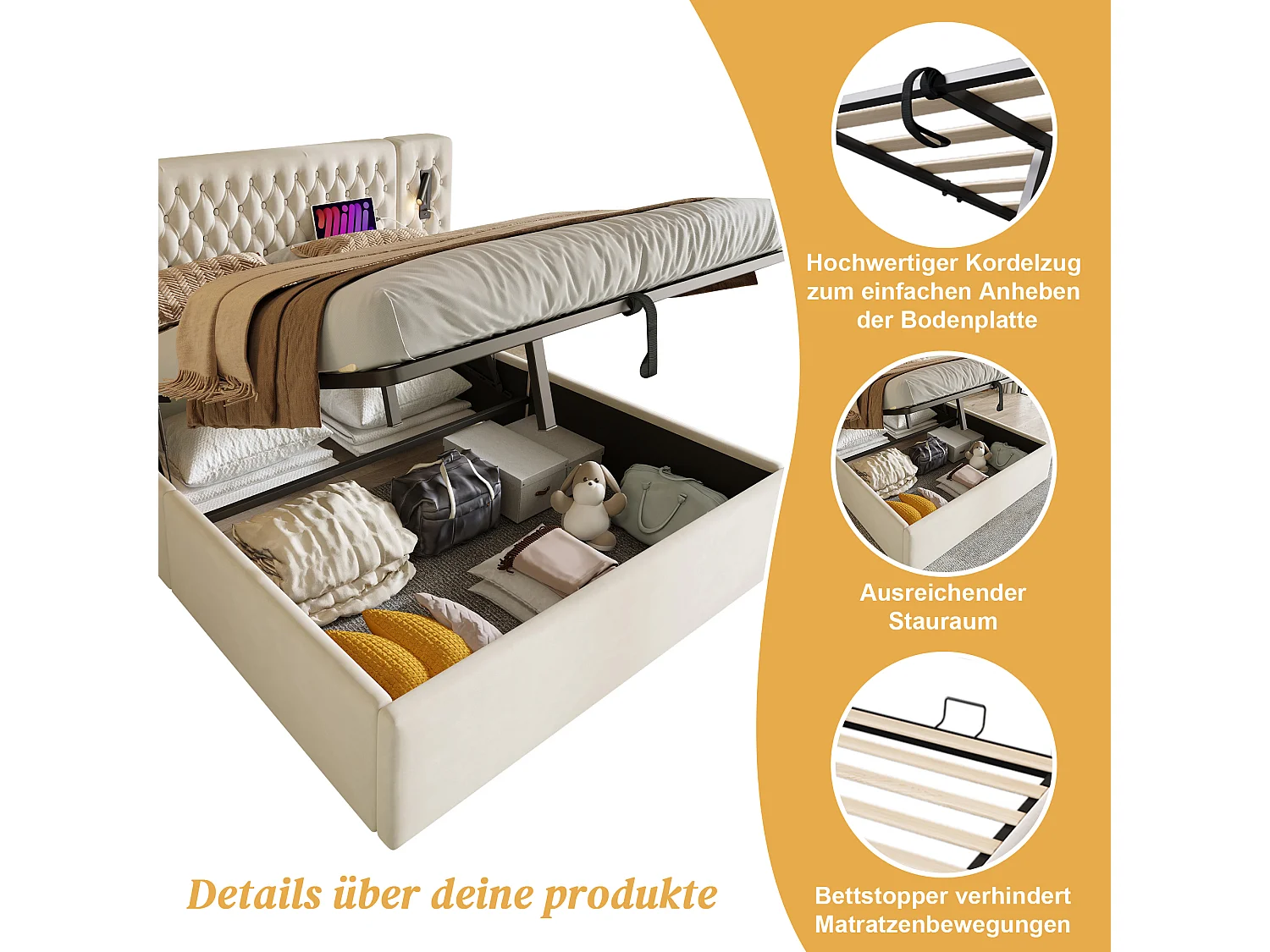 Lit coffre adulte 180x200 cm en velours beige capitonné avec chevets effet bois, lampes et USB-C