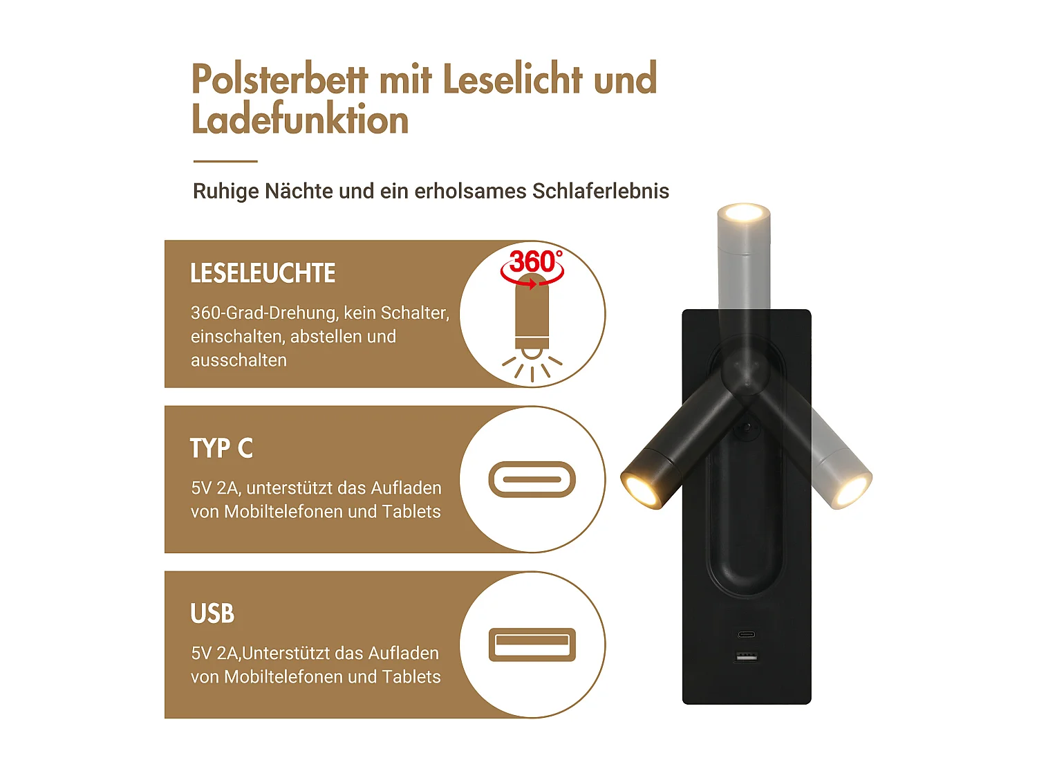 Lit coffre adulte 180x200 cm en velours beige capitonné avec chevets effet bois, lampes et USB-C