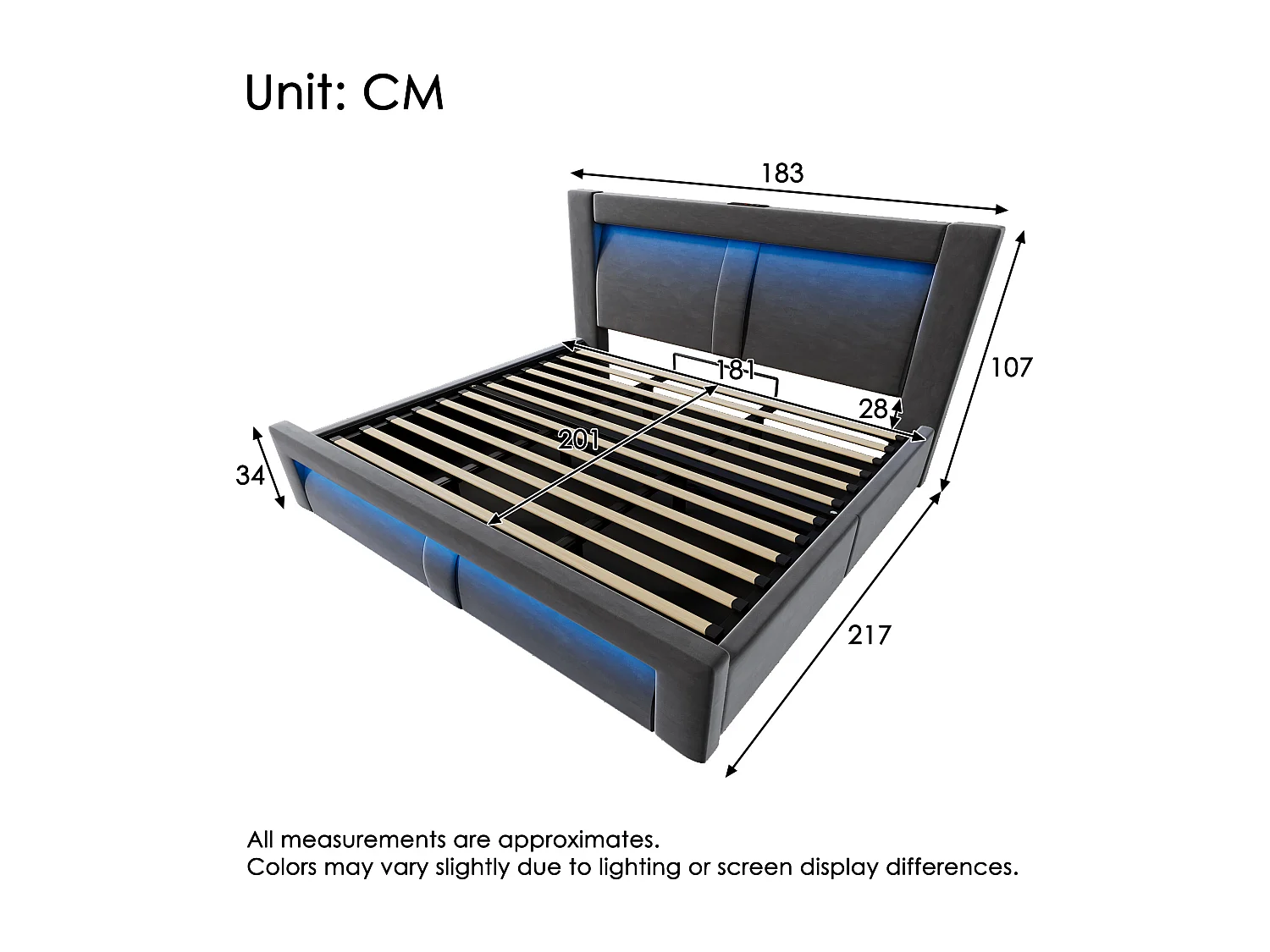 Lit coffre double 180x200 avec LED, USB et USB-C, tête de lit courbée, velours - gris