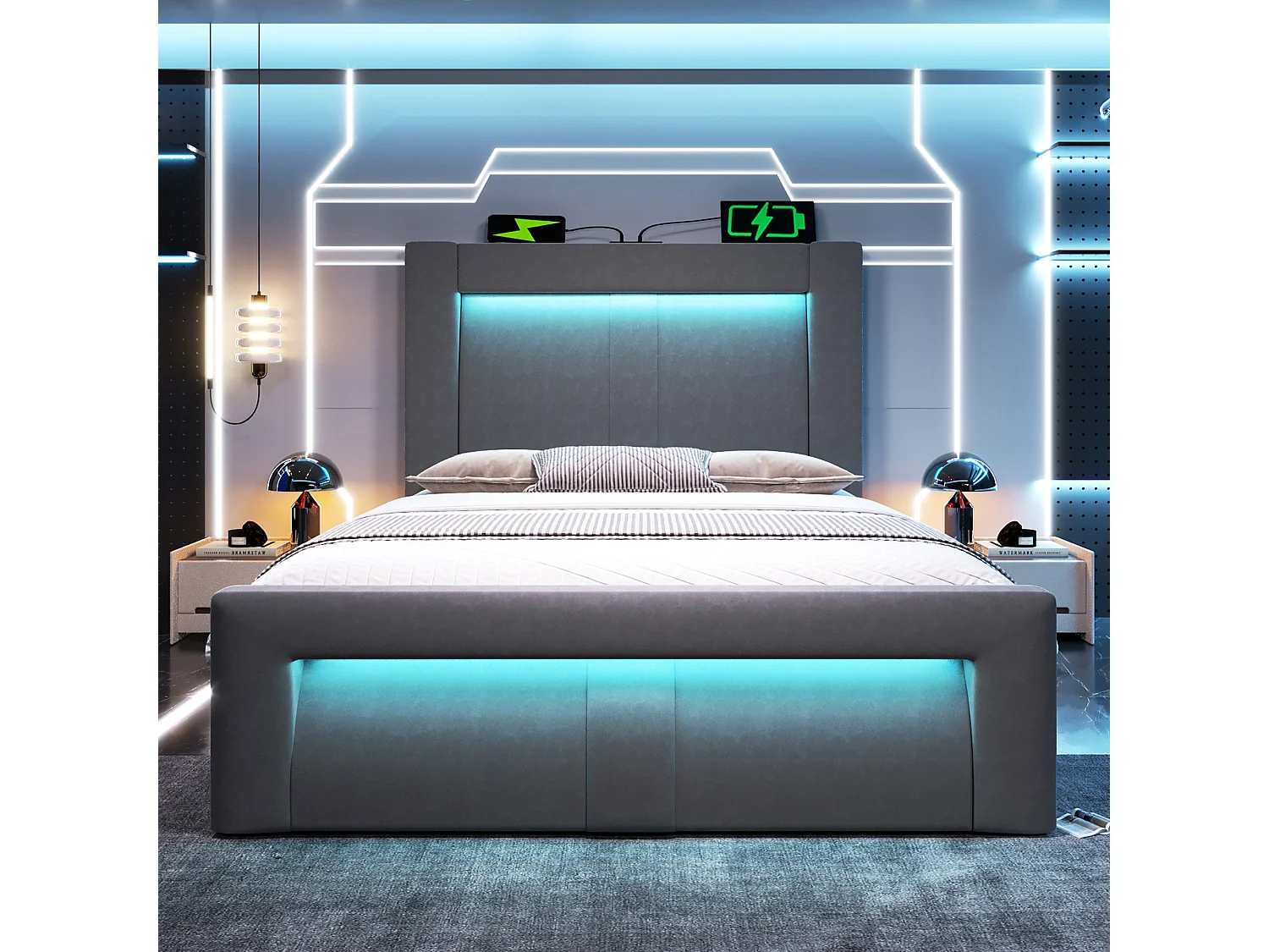 Lit coffre simple 90x200 avec LED, USB et USB-C, tête de lit courbée, velours - gris
