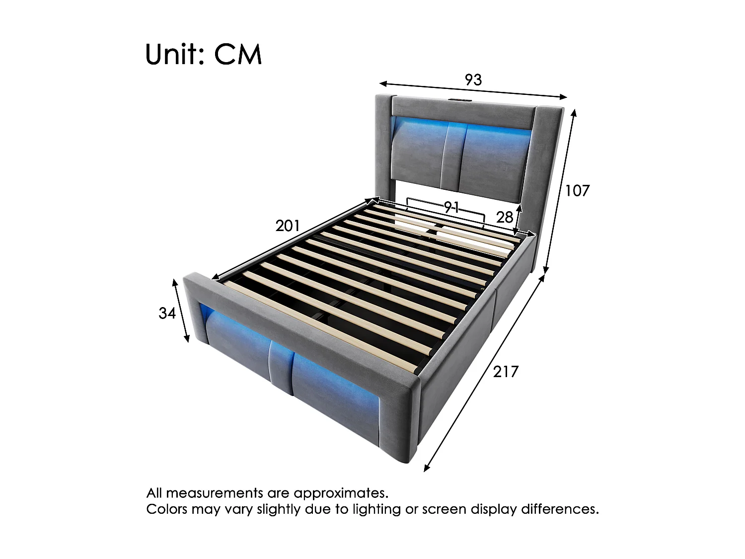 Lit coffre simple 90x200 avec LED, USB et USB-C, tête de lit courbée, velours - gris