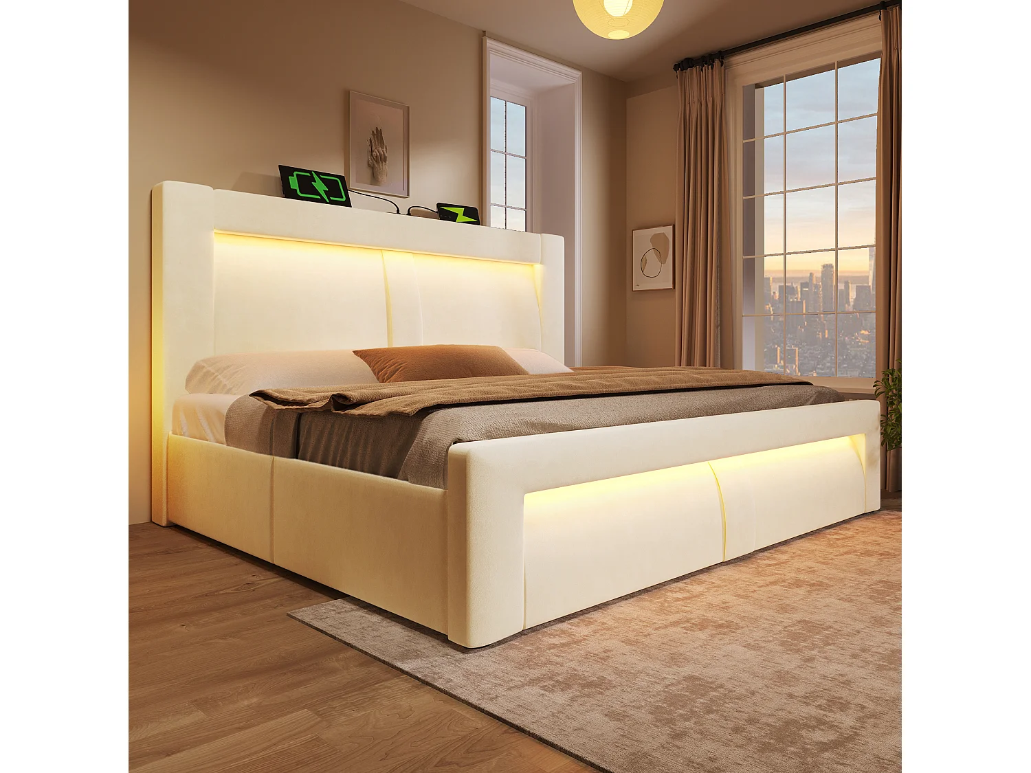 Lit coffre double 160x200 avec LED, USB et USB-C, tête de lit courbée, velours - beige