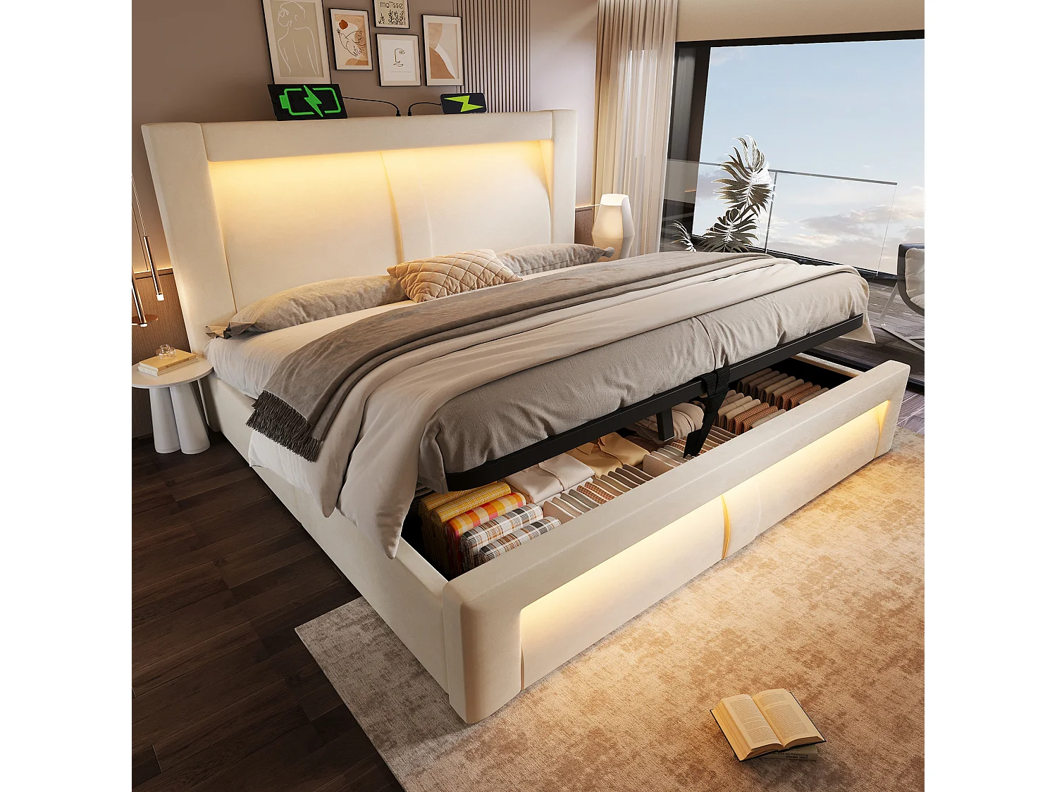 Lit coffre double 160x200 avec LED, USB et USB-C, tête de lit courbée, velours - beige