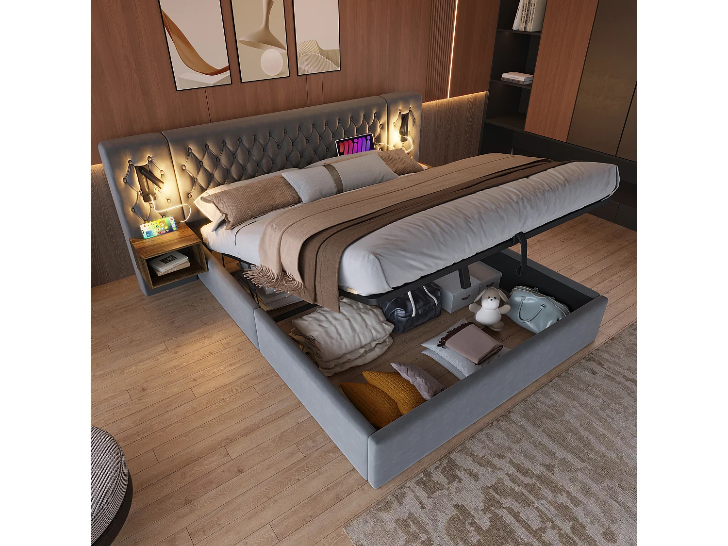 Lit coffre adulte 180x200 cm en velours gris capitonné avec chevets effet bois, lampes et USB-C