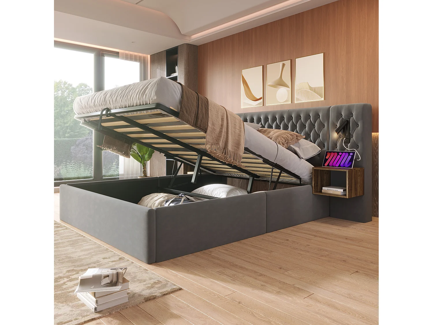 Lit coffre adulte 180x200 cm en velours gris capitonné avec chevets effet bois, lampes et USB-C