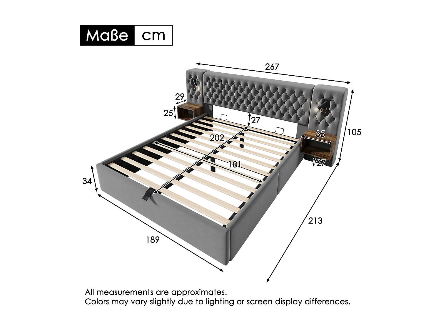 Lit coffre adulte 180x200 cm en velours gris capitonné avec chevets effet bois, lampes et USB-C
