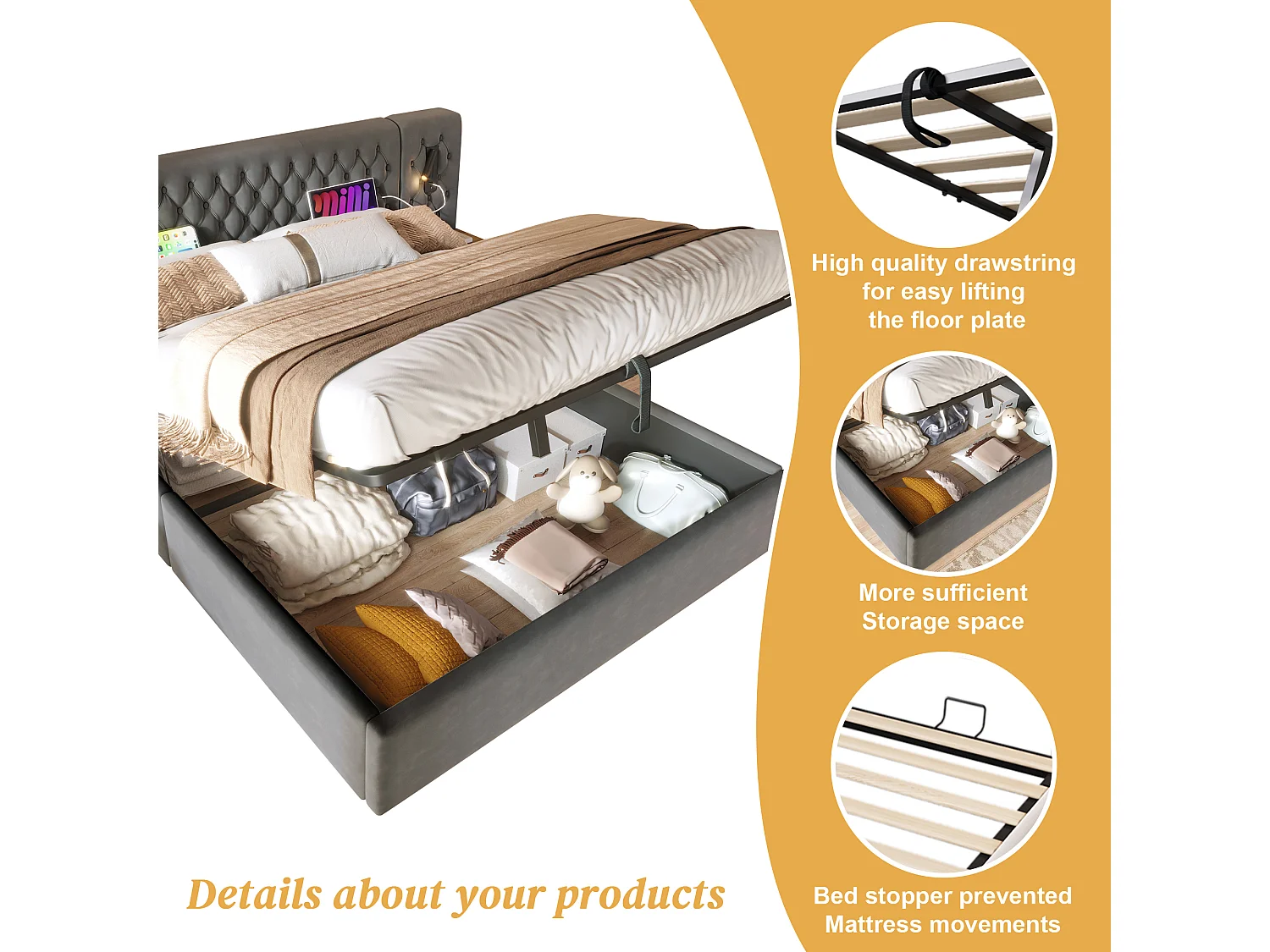 Lit coffre adulte 180x200 cm en velours gris capitonné avec chevets effet bois, lampes et USB-C