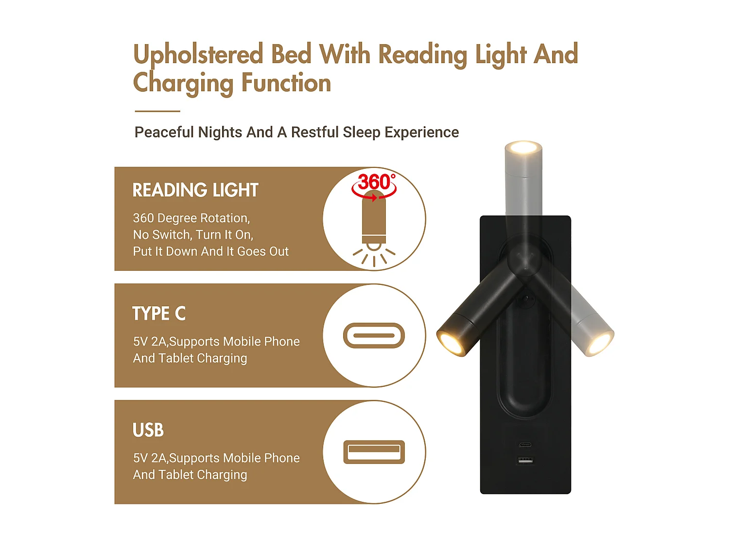 Lit coffre adulte 180x200 cm en velours gris capitonné avec chevets effet bois, lampes et USB-C