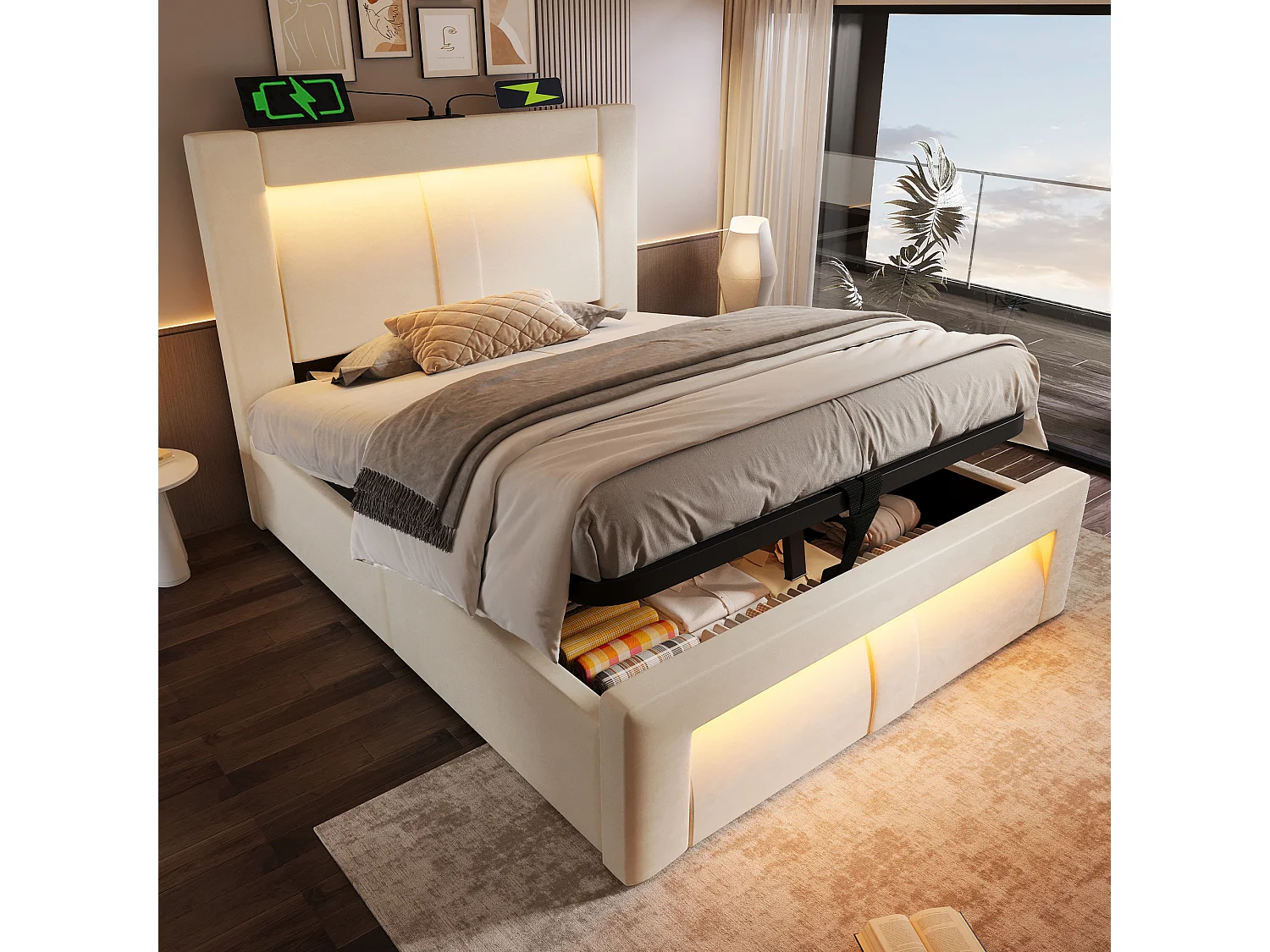 Lit coffre simple 90x200 avec LED, USB et USB-C, tête de lit courbée, velours - beige