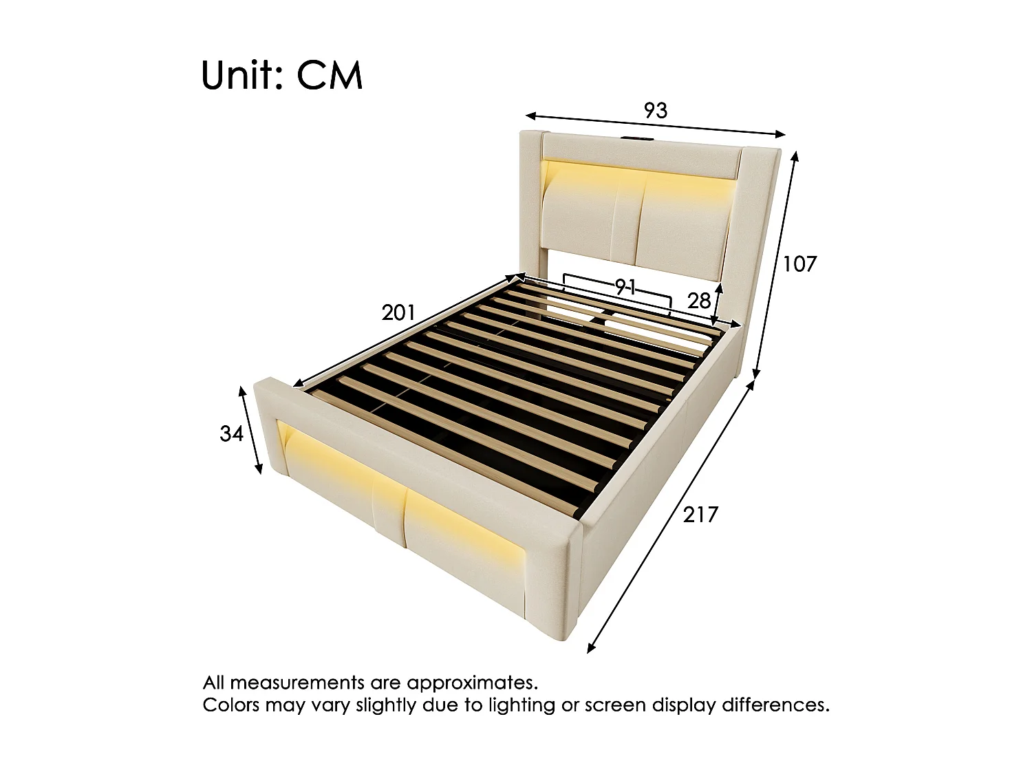 Lit coffre simple 90x200 avec LED, USB et USB-C, tête de lit courbée, velours - beige