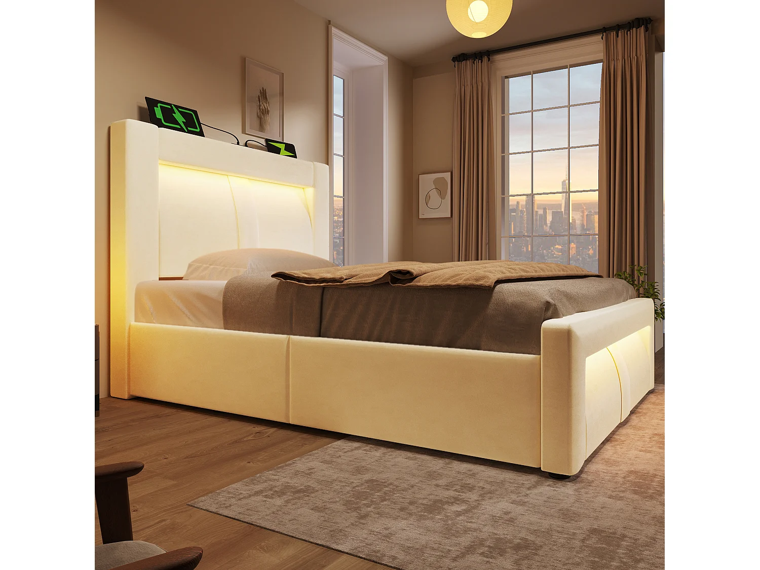 Lit coffre simple 90x200 avec LED, USB et USB-C, tête de lit courbée, velours - beige