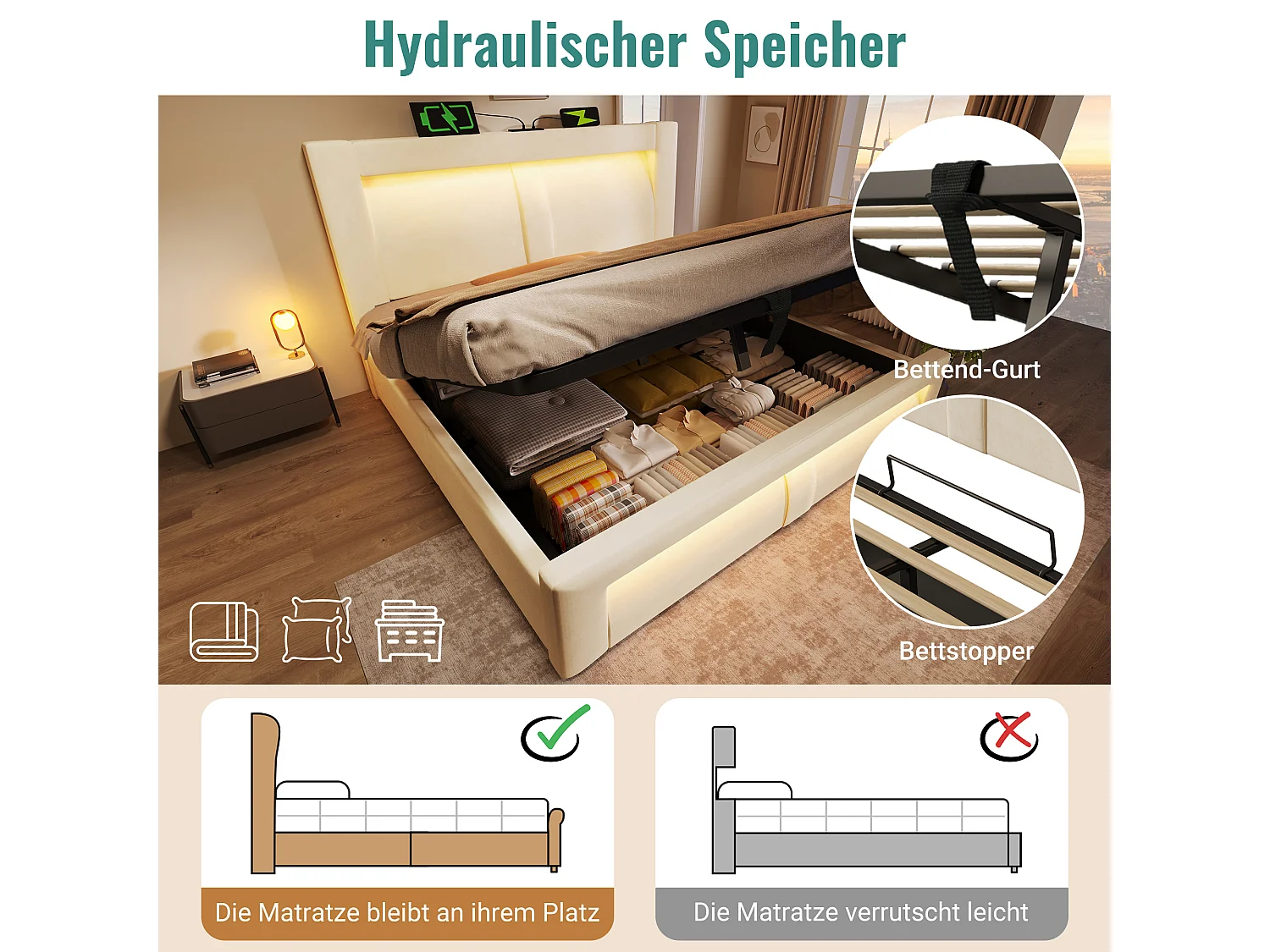 Lit coffre simple 90x200 avec LED, USB et USB-C, tête de lit courbée, velours - beige