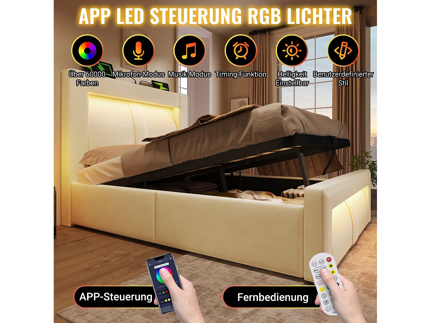 Lit coffre simple 90x200 avec LED, USB et USB-C, tête de lit courbée, velours - beige