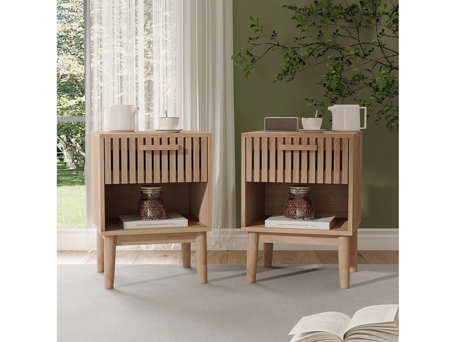 Ensemble De 2 Tables De Chevet En Bois Avec Tiroir À Lattes Et Compartiment Ouvert, Pour Chambre Et Salon,40x35x55cm
