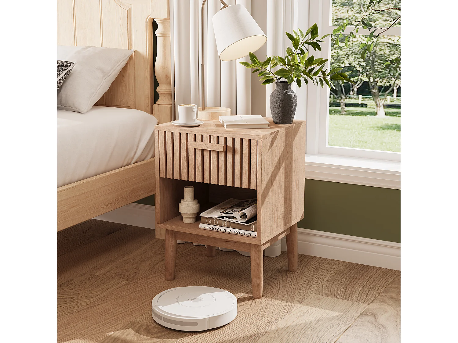 Ensemble De 2 Tables De Chevet En Bois Avec Tiroir À Lattes Et Compartiment Ouvert, Pour Chambre Et Salon,40x35x55cm