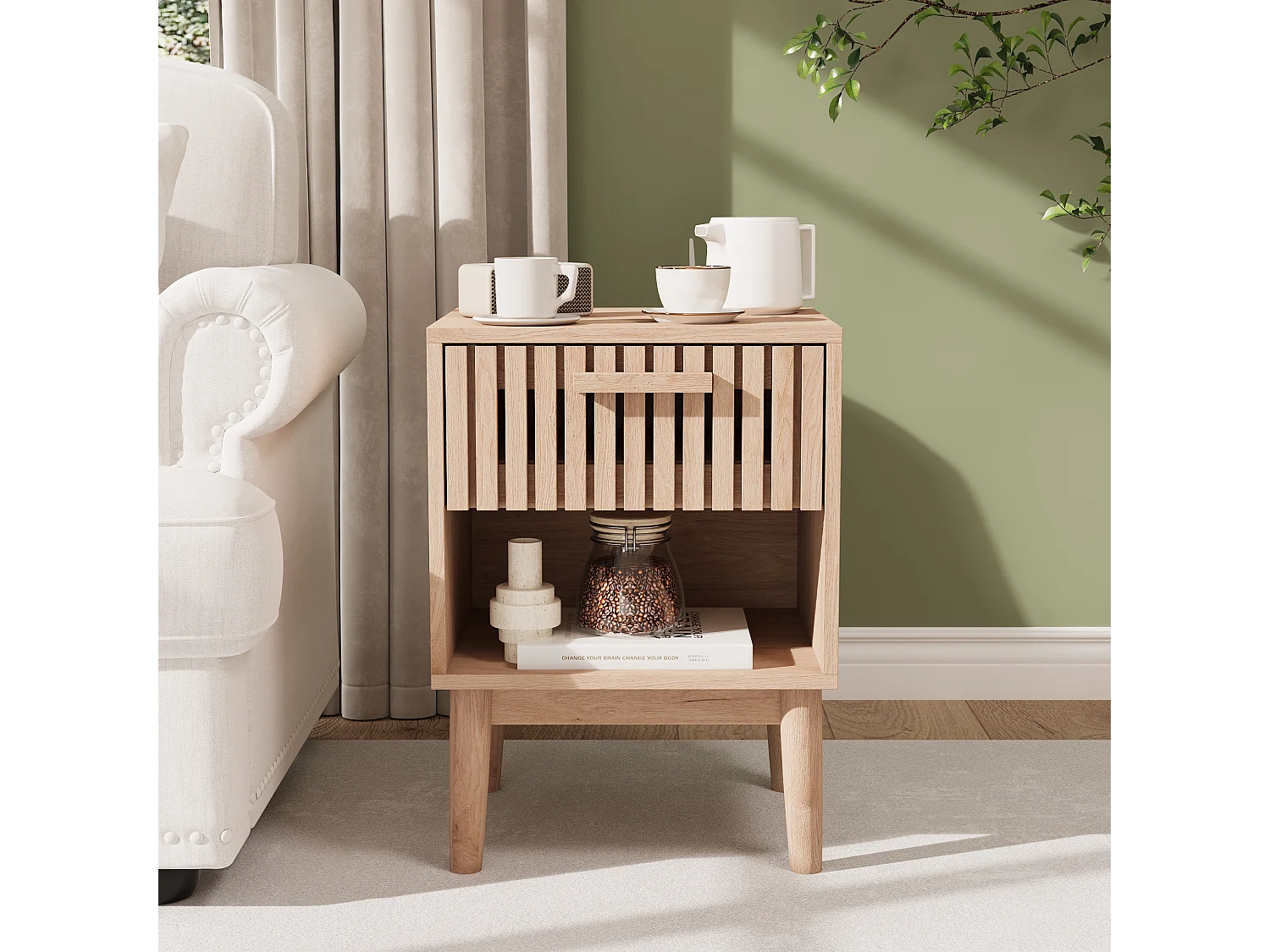 Ensemble De 2 Tables De Chevet En Bois Avec Tiroir À Lattes Et Compartiment Ouvert, Pour Chambre Et Salon,40x35x55cm