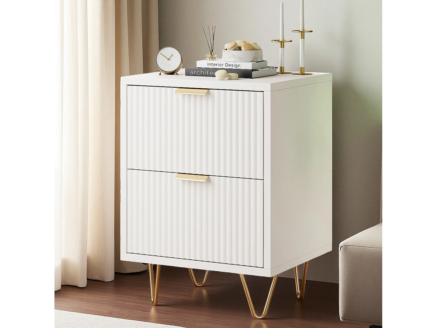 Tables De Chevet, Lot De 2, Avec 2 Tiroirs Et Pieds En Métal, Pour Chambre Ou Salon, Blanches