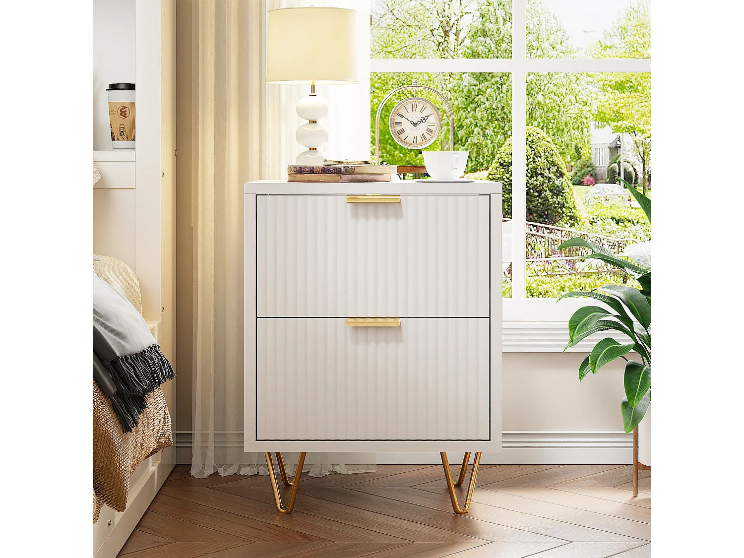 Tables De Chevet, Lot De 2, Avec 2 Tiroirs Et Pieds En Métal, Pour Chambre Ou Salon, Blanches