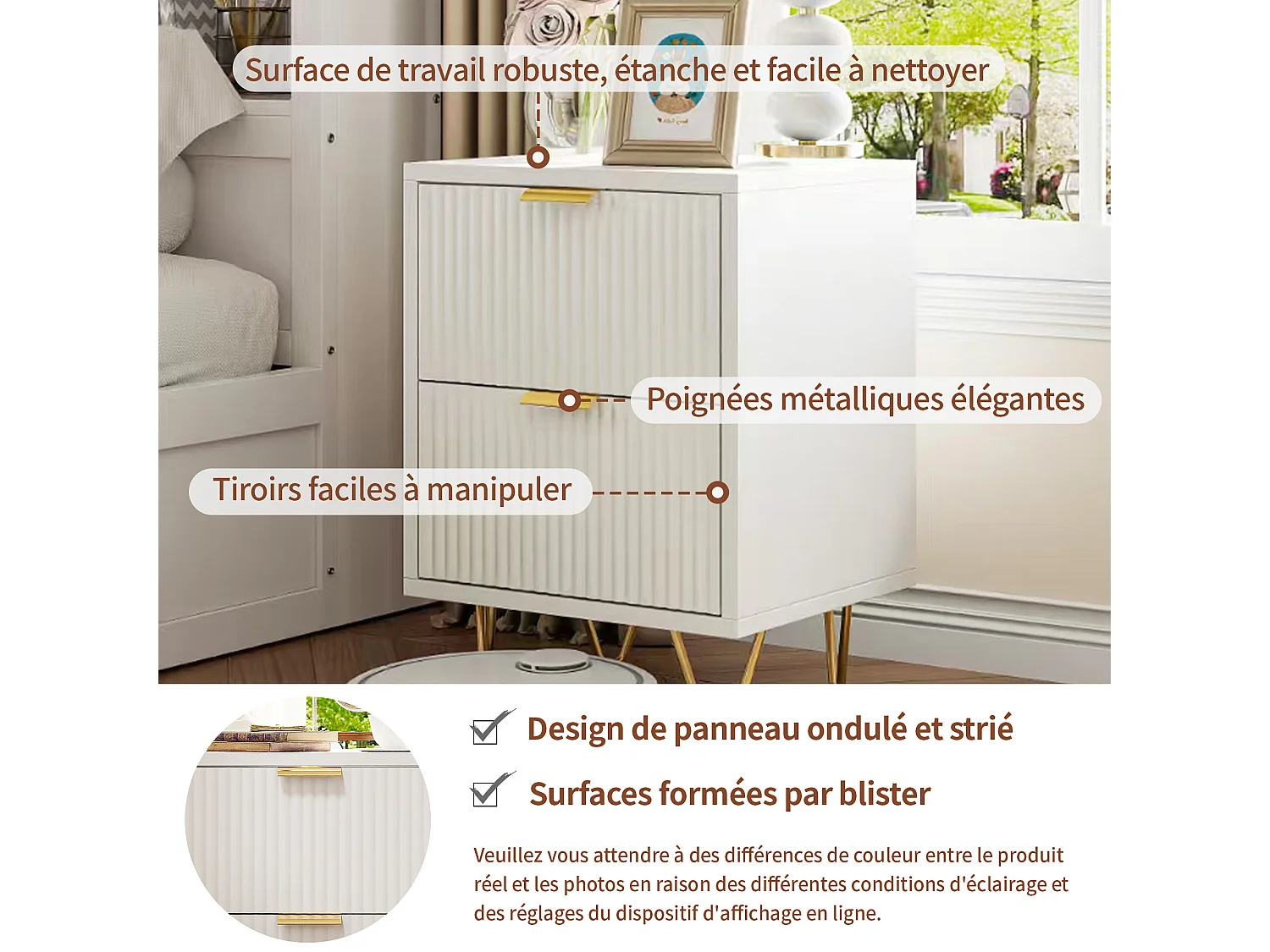 Tables De Chevet, Lot De 2, Avec 2 Tiroirs Et Pieds En Métal, Pour Chambre Ou Salon, Blanches