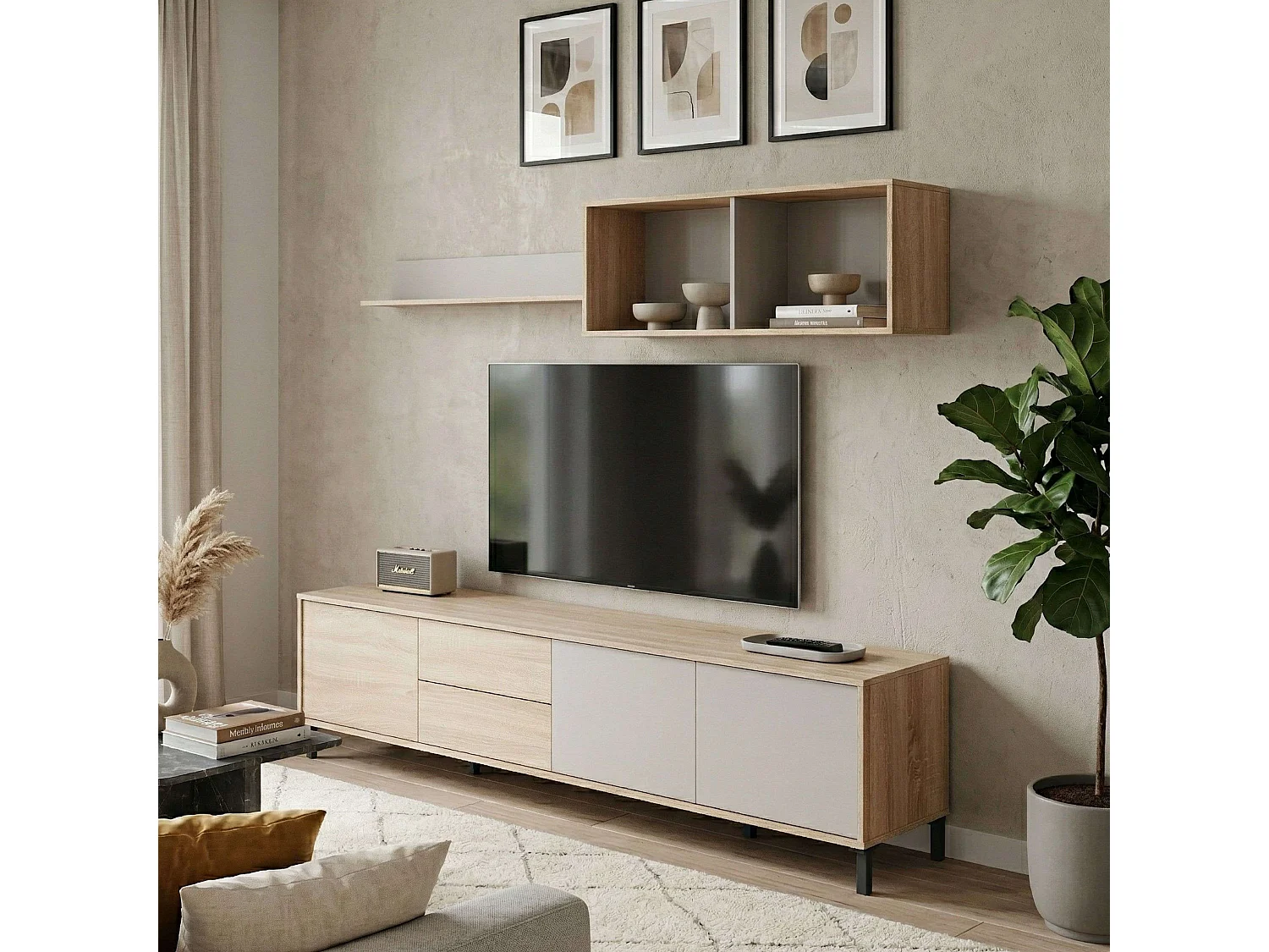 Mueble Tv Bari 3 puertas 2 cajones roble canadian gris cachemir 200 cm