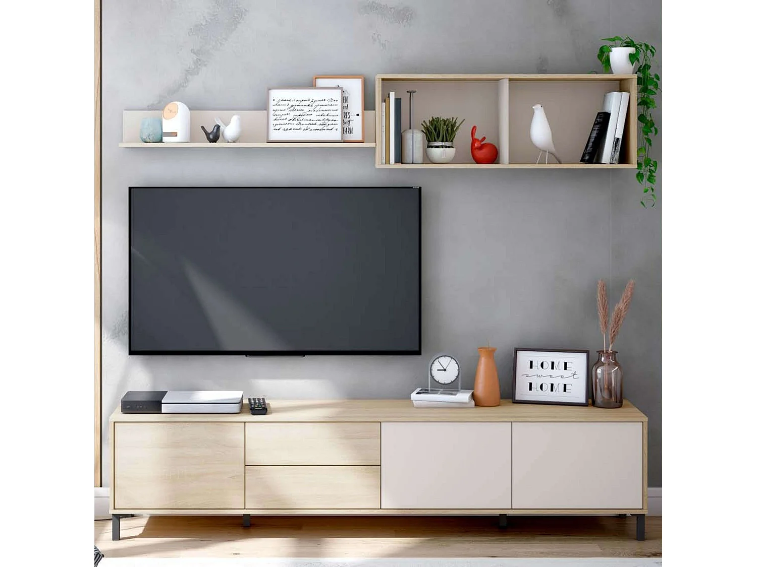 Mueble Tv Bari 3 puertas 2 cajones roble canadian gris cachemir 200 cm