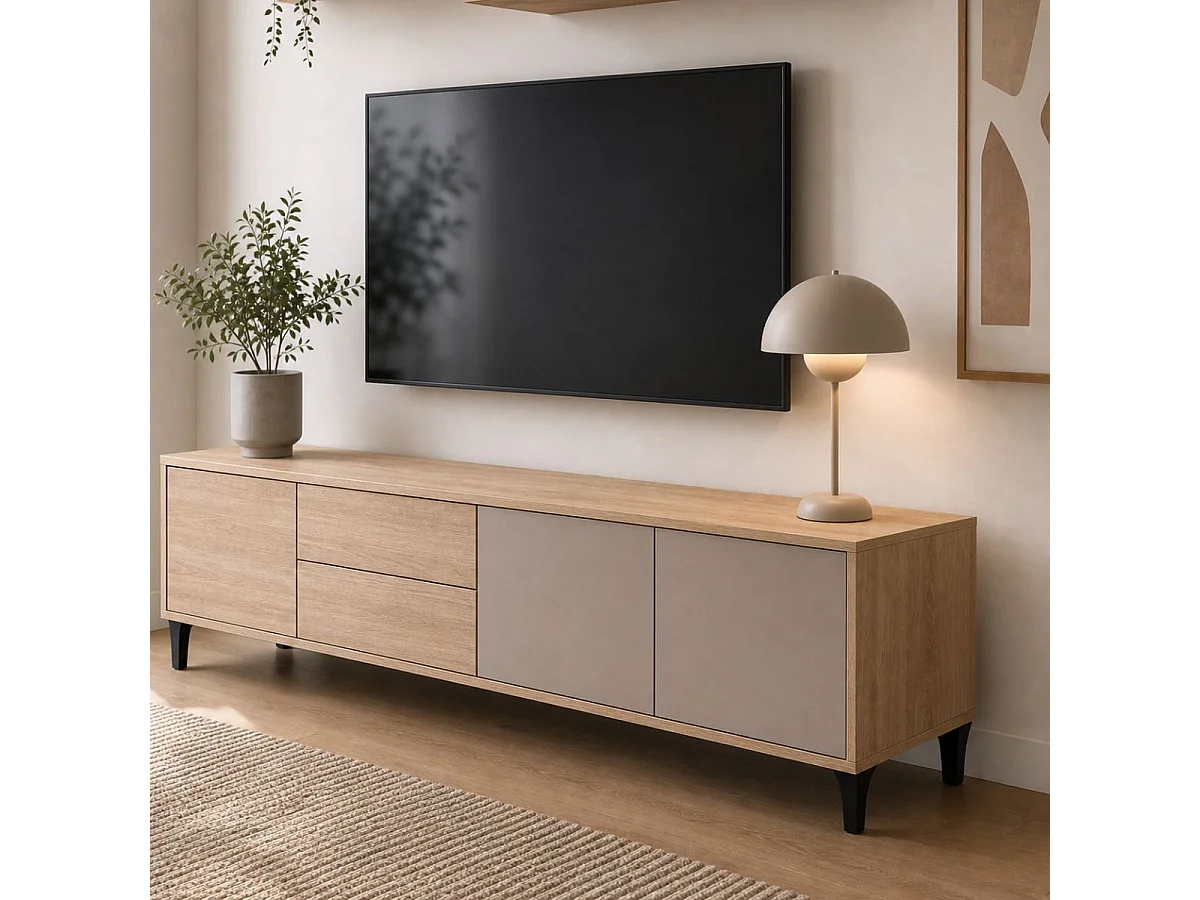 Mueble Tv Bari 3 puertas 2 cajones roble canadian gris cachemir 200 cm