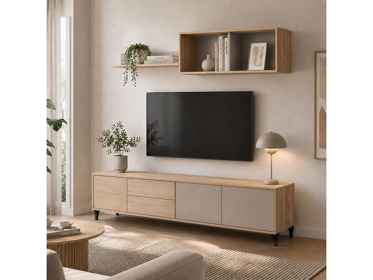 Mueble Tv Bari 3 puertas 2 cajones roble canadian gris cachemir 200 cm